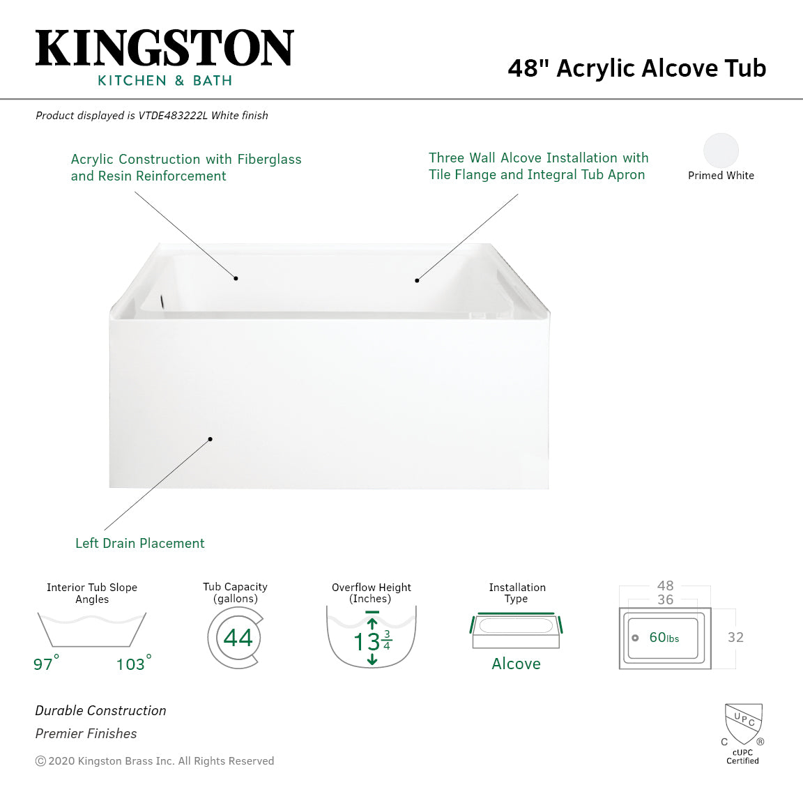Aqua Eden VTDE483222L 48" Acrylic Rectangular 3-Wall Alcove Tub, Left Hand Drain Hole, Glossy White
