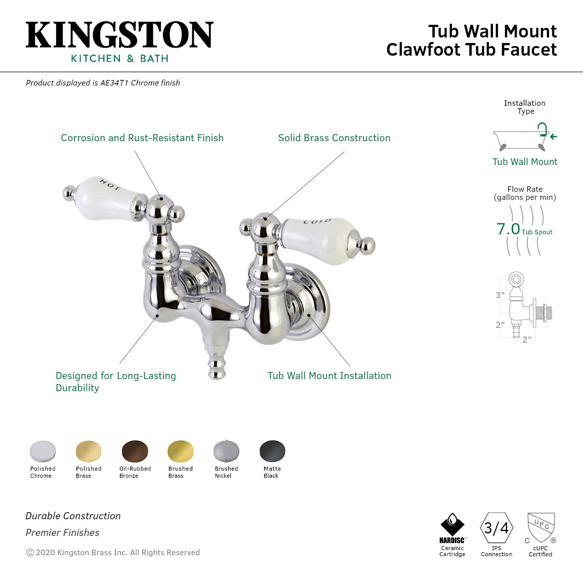 Kingston Brass AE33T2 Aqua Vintage 3-3/8 Inch Wall Mount Tub Faucet, Polished Brass