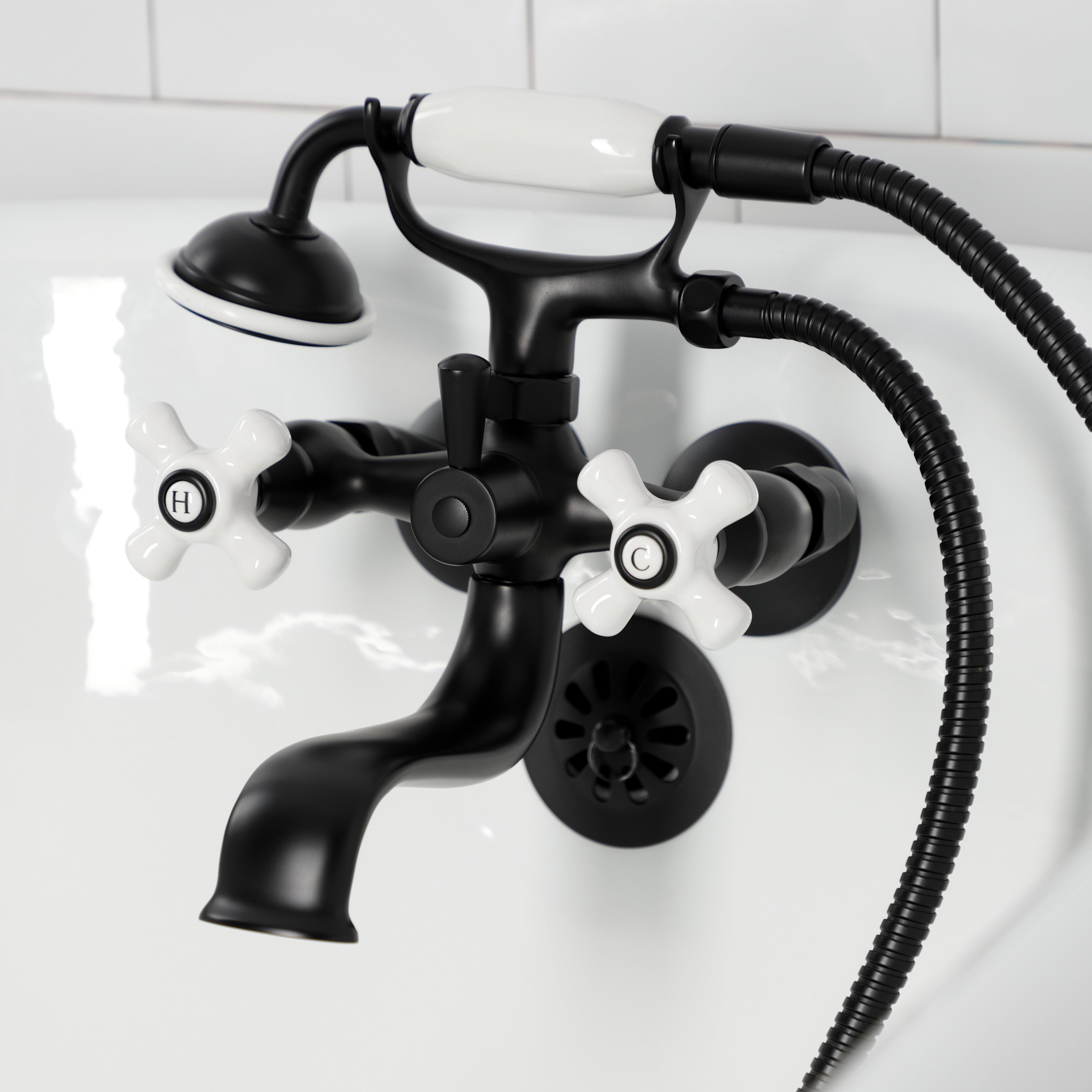 Kingston Brass KS225PXMB Kingston Tub Wall Mount Clawfoot Tub Faucet with Hand Shower, Matte Black