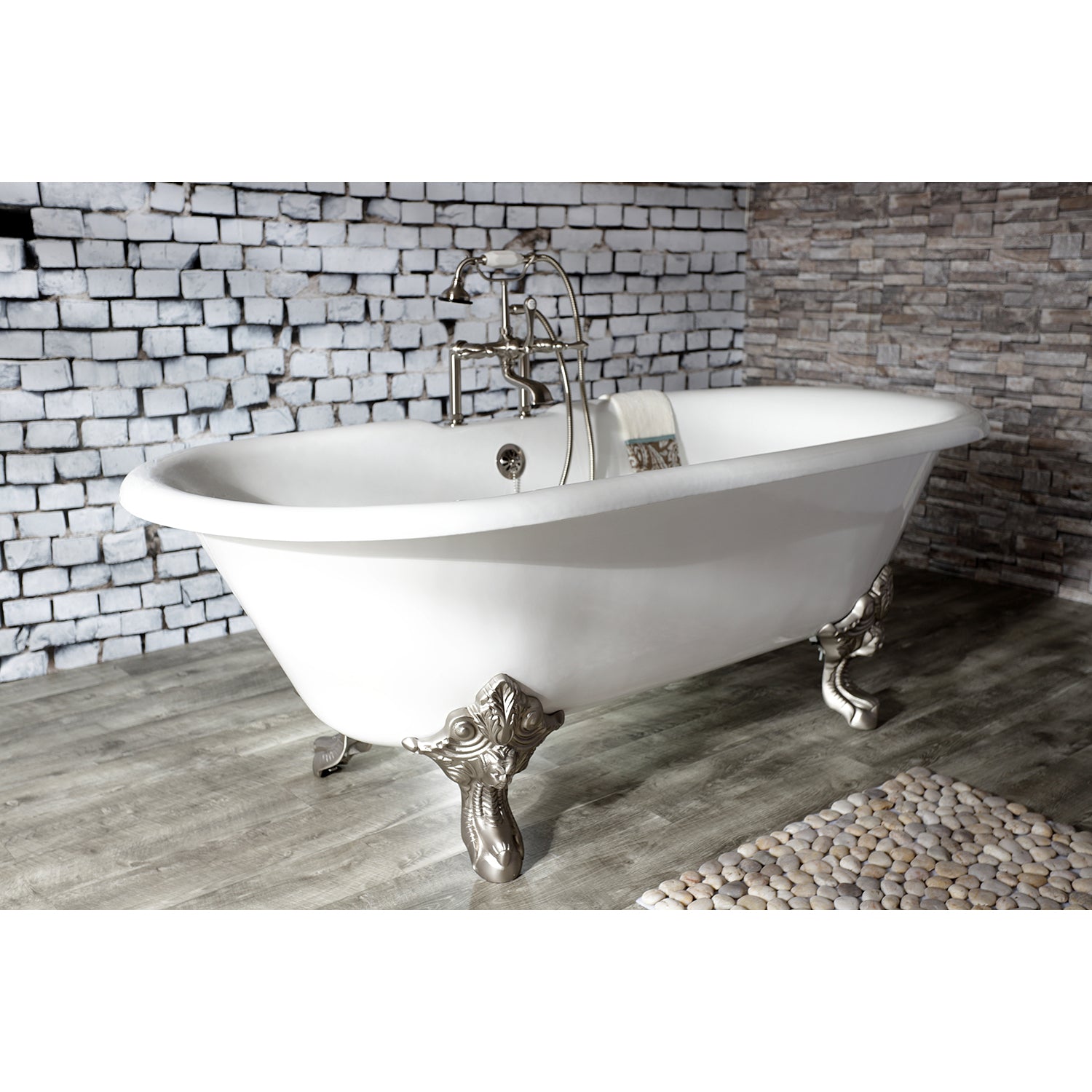 Aqua Eden VCT7DE7232NL8 72" Cast Iron Oval Double Ended Clawfoot Tub (7" Faucet Drillings), White/Brushed Nickel