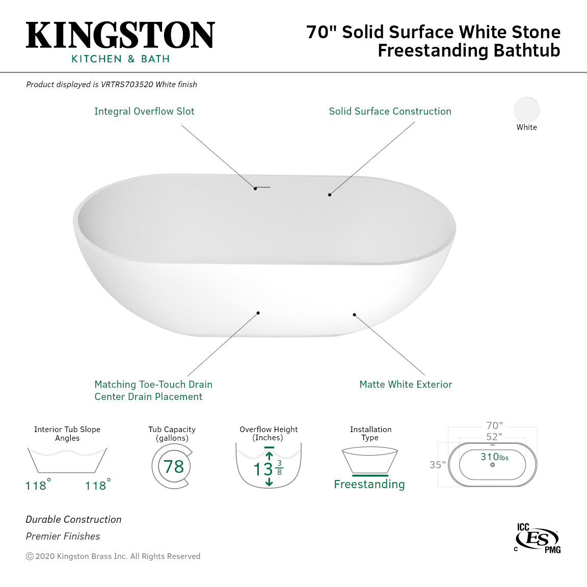 Kingston Brass VRTRS703520 70" Solid Surface Oval Double Ended Freestanding Tub with Drain, Matte White