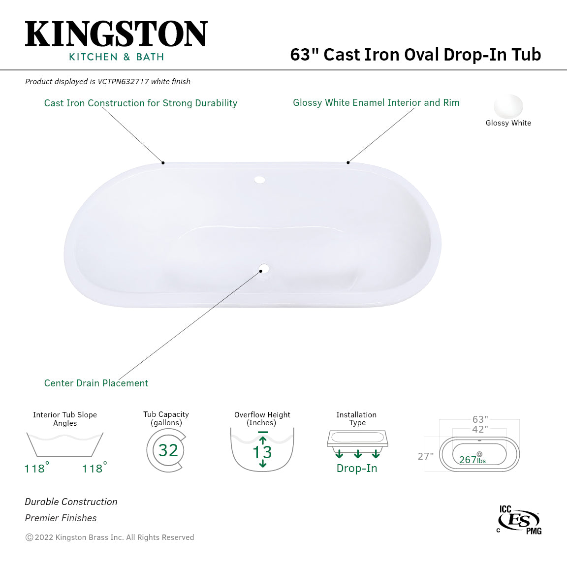 Aqua Eden VCTPN632717 63" Cast Iron Oval Drop-In Tub with Center Drain, White