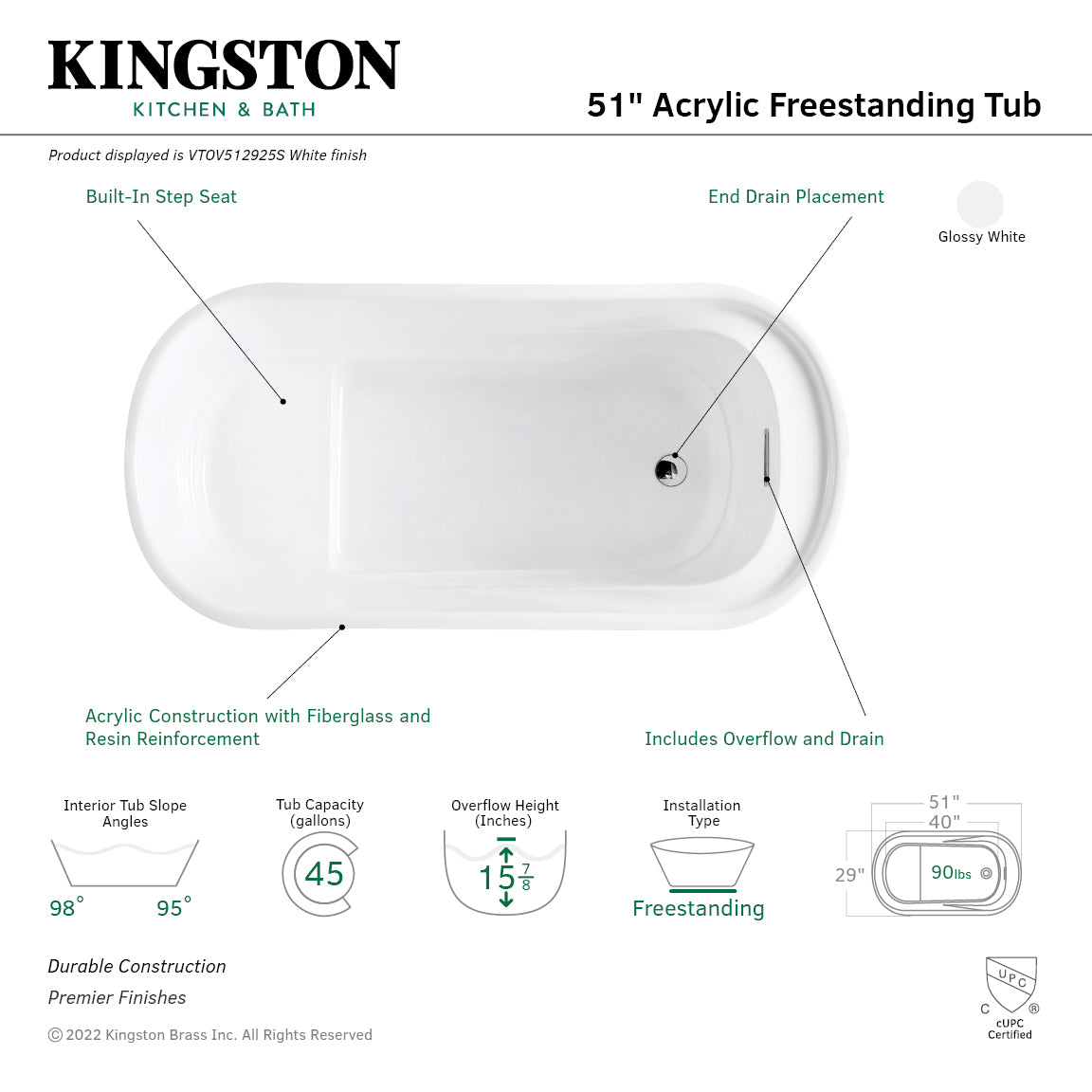 Kingston Brass VTOV512925S 51" Acrylic Oval Double Ended Freestanding Tub with Drain and Integrated Seat, Glossy White