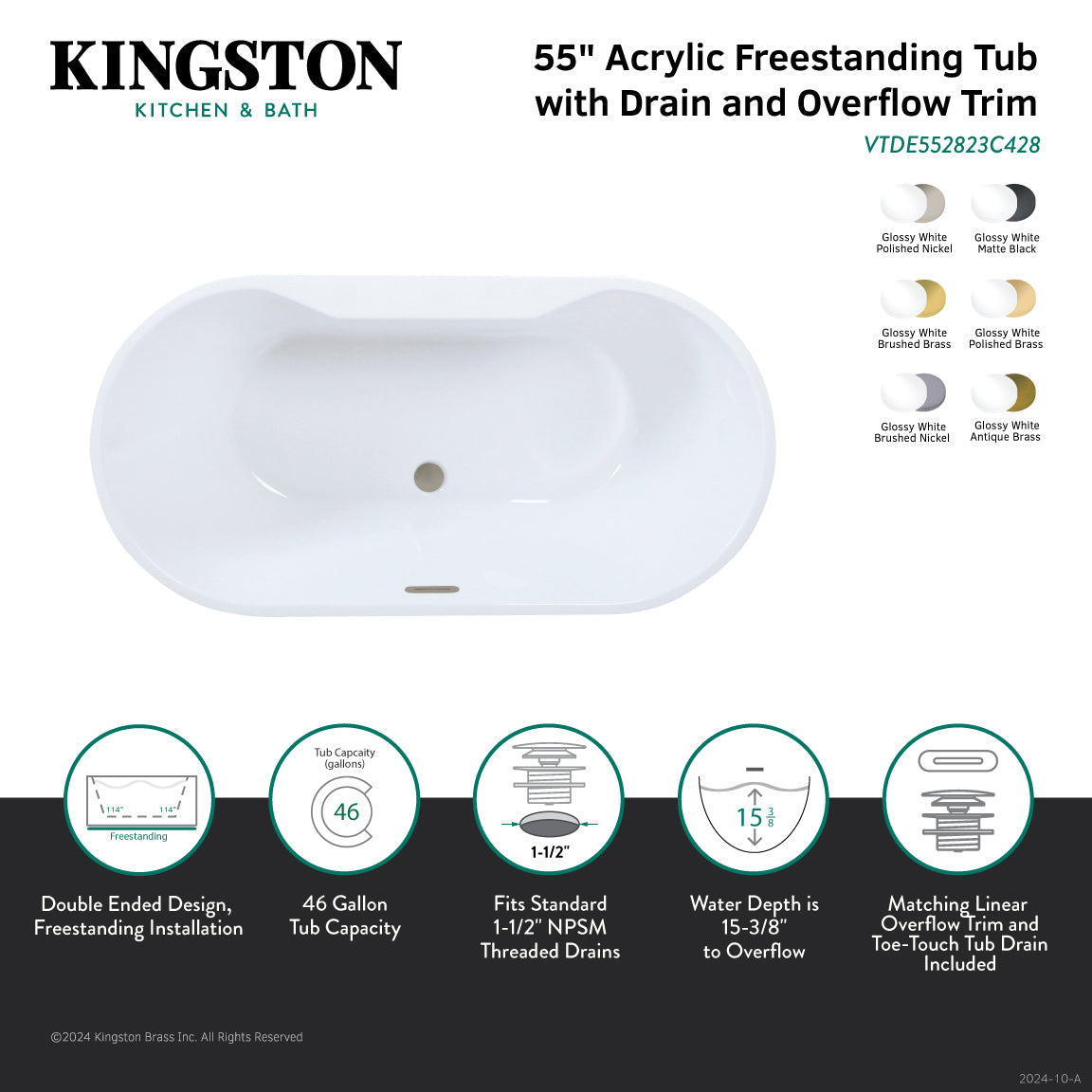 Kingston Brass VTDE552823C426 55" Acrylic Oval Double Ended Freestanding Tub with Drain, Glossy White/Polished Nickel