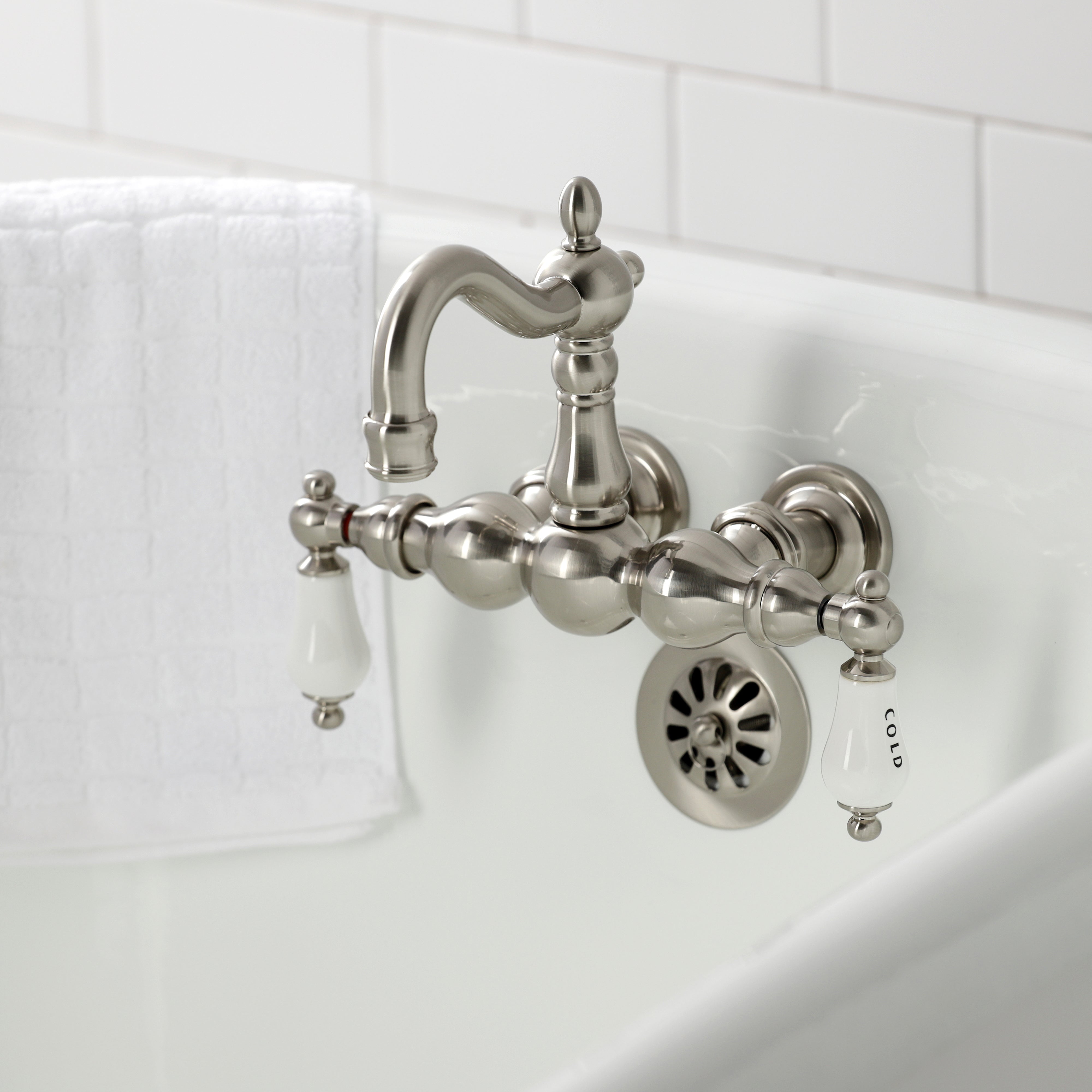 Kingston Brass CA1003T8 Heritage 3-3/8" Tub Wall Mount Clawfoot Tub Faucet, Brushed Nickel