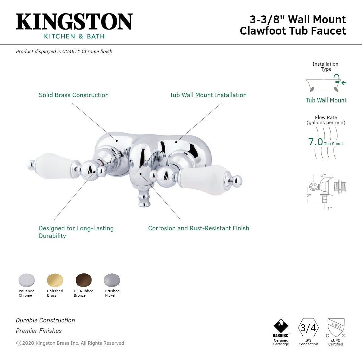 Kingston Brass CC46T1 Vintage 3-3/8-Inch Wall Mount Tub Faucet, Polished Chrome