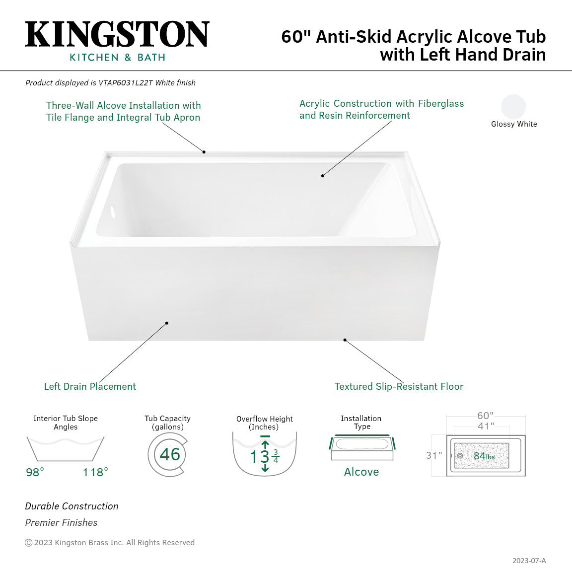 Aqua Eden VTAP6031L22T 60" Acrylic Rectangular 3-Wall Alcove Tub with Anti-Skid Surface, Left Hand Drain Hole, Glossy White