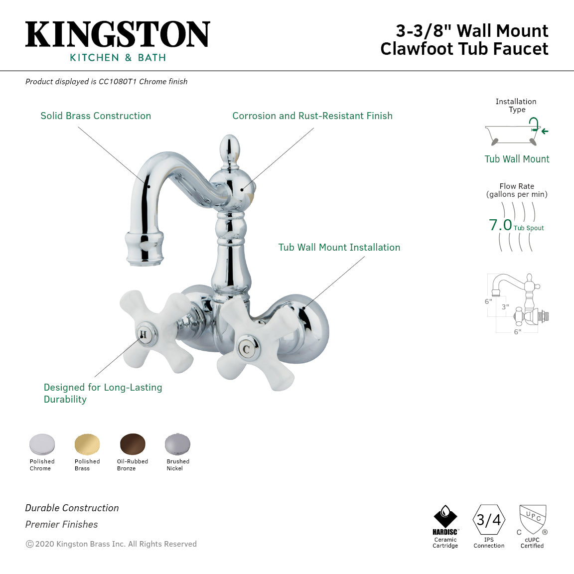 Kingston Brass CC1079T5 Vintage 3-3/8-Inch Wall Mount Tub Faucet, Oil Rubbed Bronze