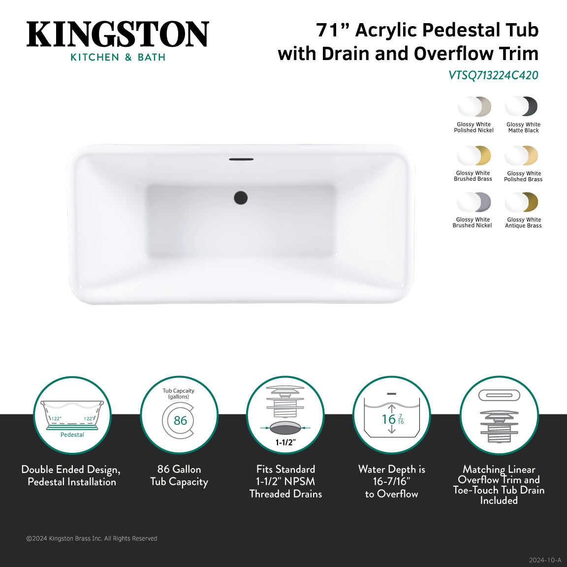 Kingston Brass VTSQ713224C426 71" Acrylic Oval Rectangular Double Ended Pedestal Tub with Drain (No Faucet Drillings), Glossy White/Polished Nickel