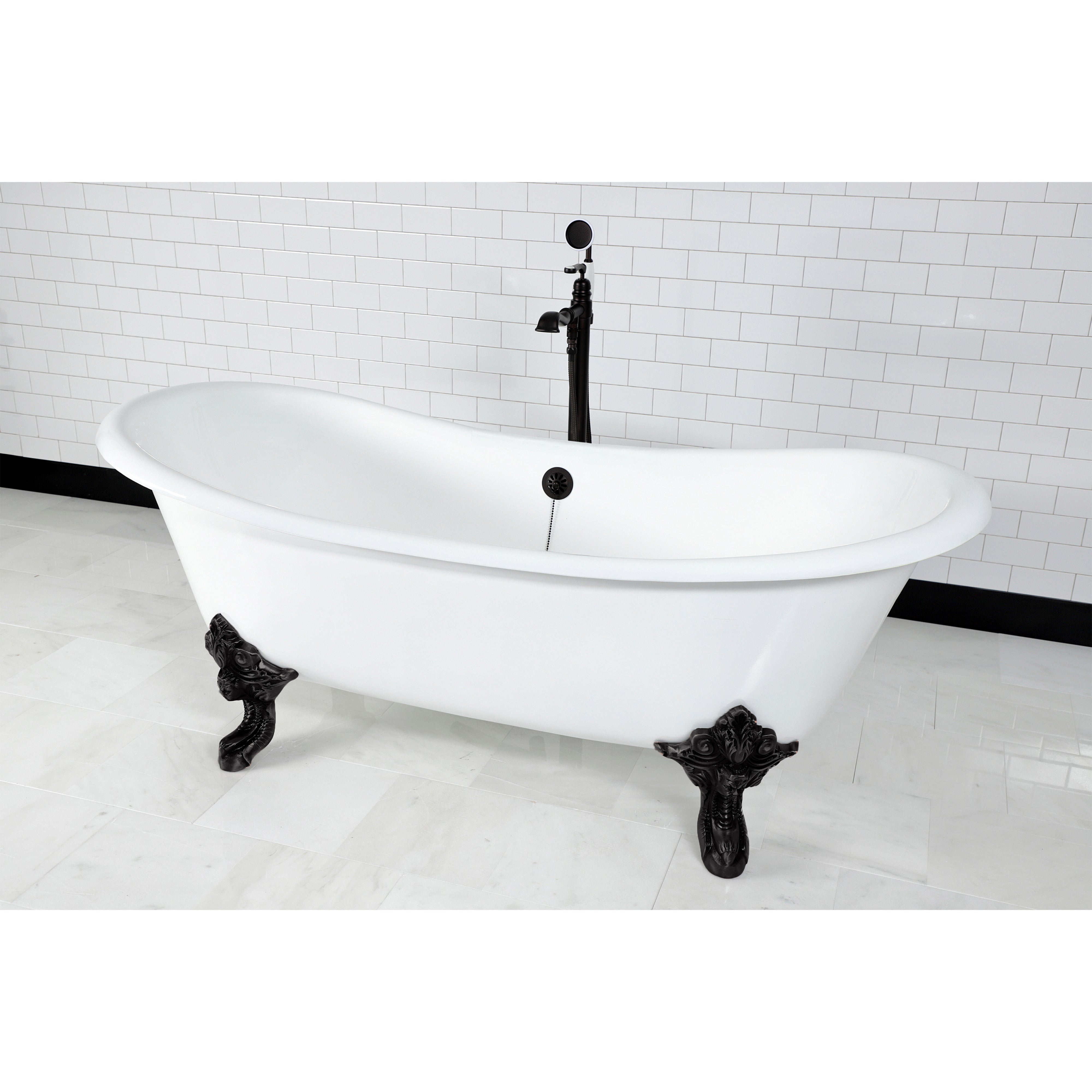 Aqua Eden VCTNDS7231NL0 72" Cast Iron Oval Double Slipper Clawfoot Tub (No Faucet Drillings), White/Matte Black