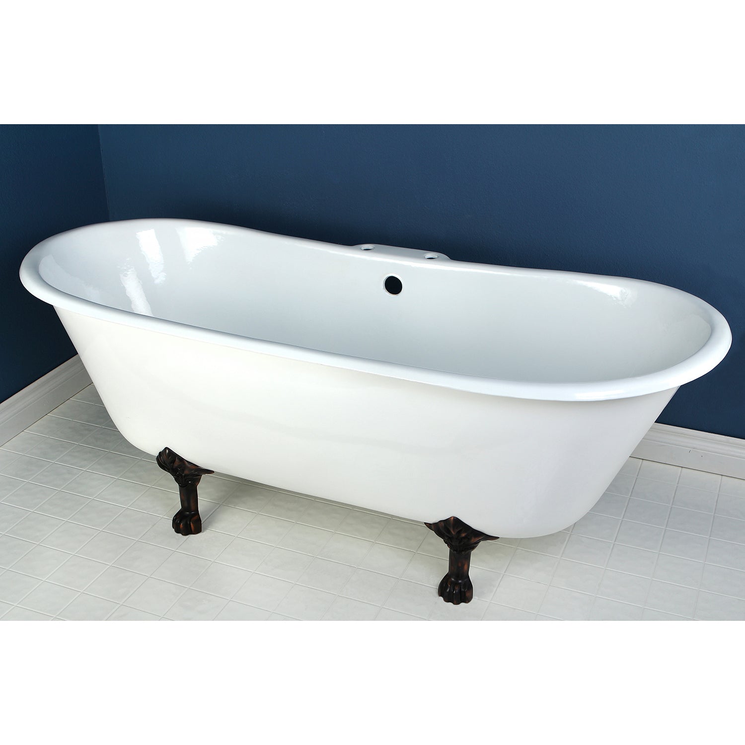 Aqua Eden VCT7D6728NH5 67" Cast Iron Oval Double Slipper Clawfoot Tub (7" Faucet Drillings), White/Oil Rubbed Bronze