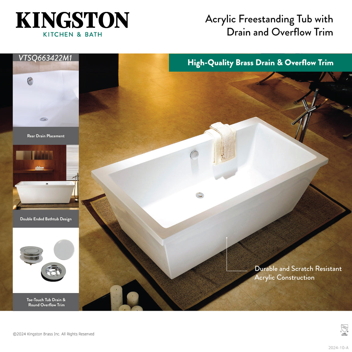 Kingston Brass VTSQ663422M8 66" Acrylic Rectangular Double Ended Freestanding Tub with Overflow/Drain Assembly, Glossy White/Brushed Nickel