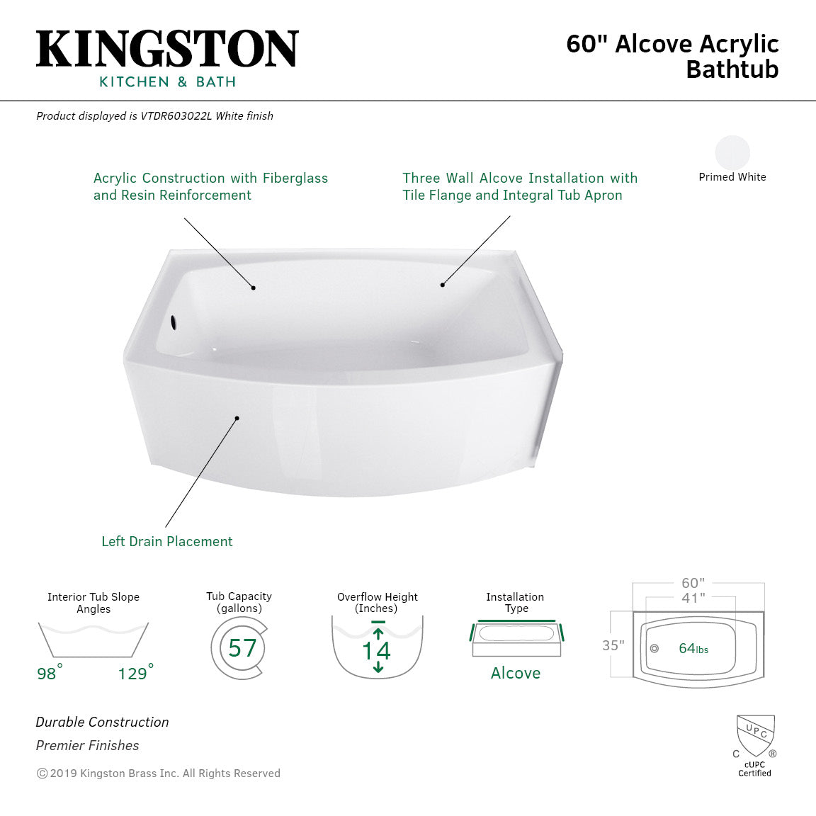 Aqua Eden VTDR603022L 60" Acrylic Rectangular 3-Wall Alcove Tub, Left Hand Drain Hole, Glossy White