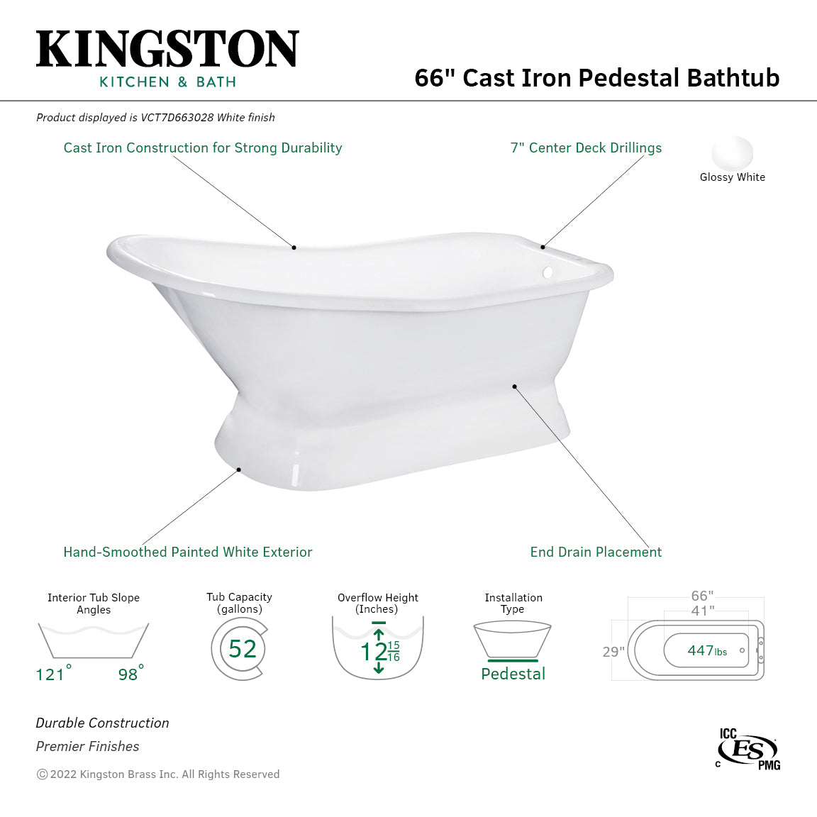 Aqua Eden VCT7D663028 66" Cast Iron D-Shaped Single Slipper Pedestal Tub (7" Faucet Drillings), White