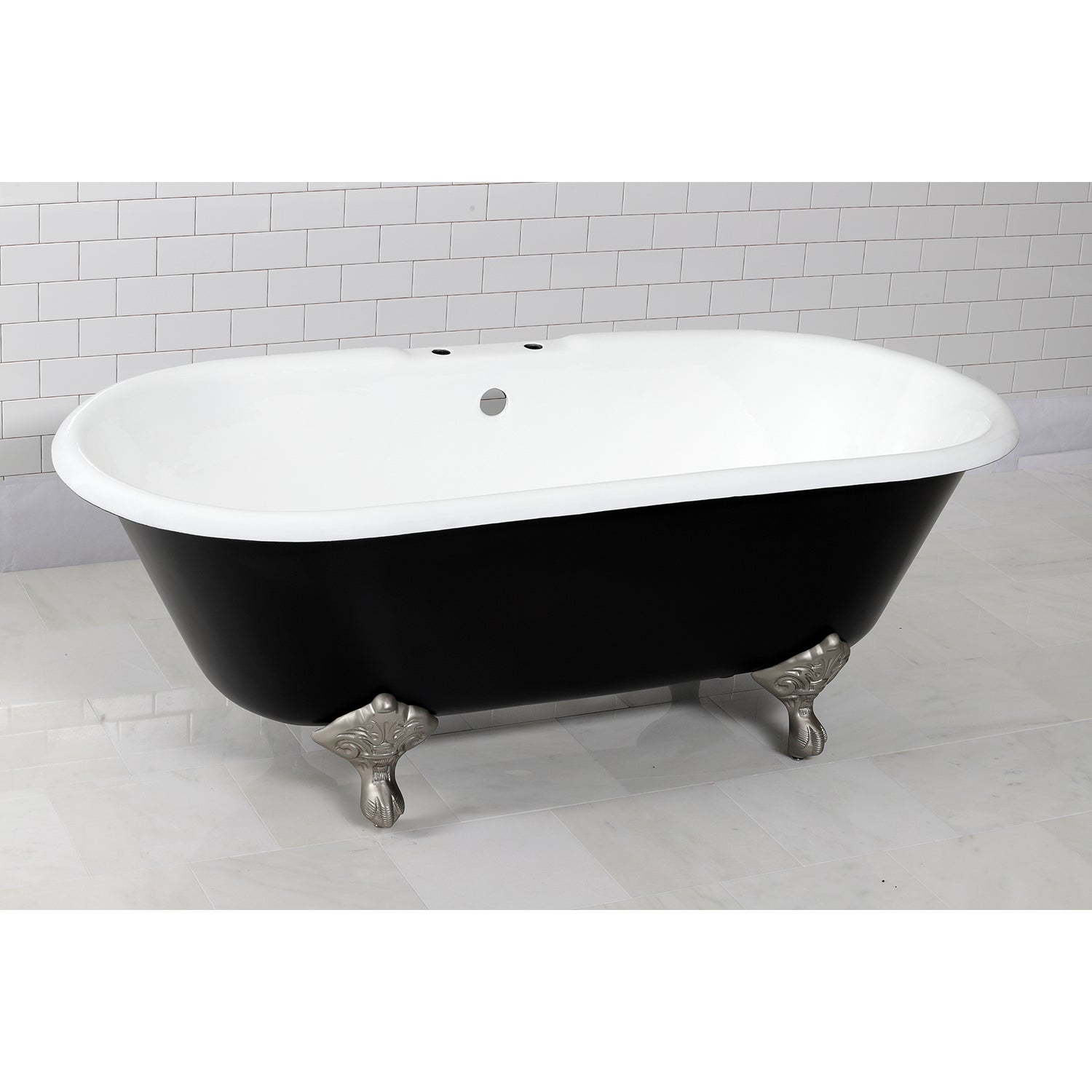 Aqua Eden VBT7D663013NB8 66" Cast Iron Oval Double Ended Clawfoot Tub (7" Faucet Drillings), Black/White/Brushed Nickel