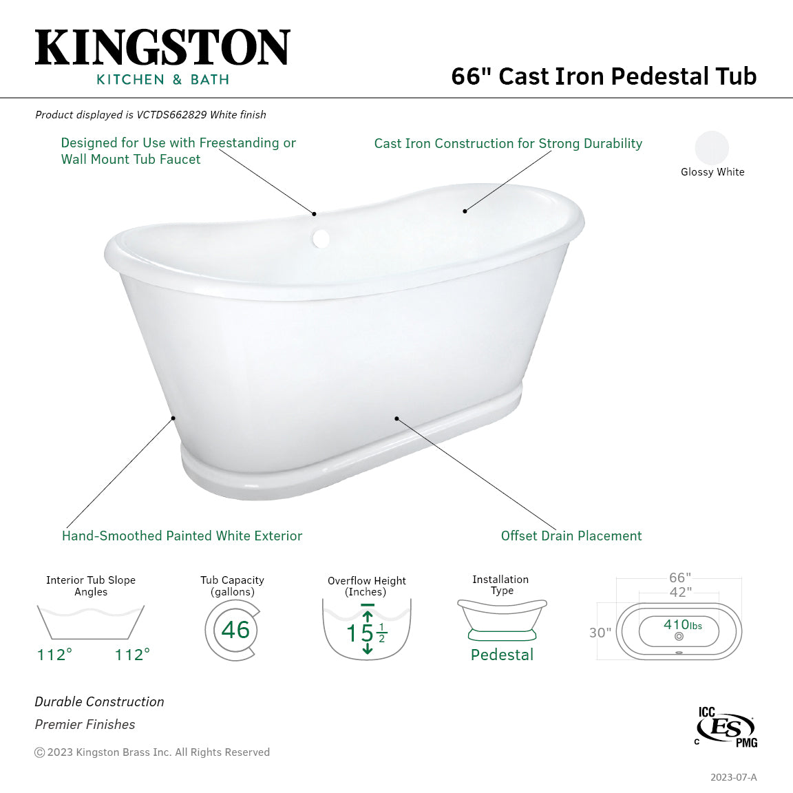 Kingston Brass VCTDS662829 66" Cast Iron Oval Double Slipper Pedestal Tub (No Faucet Drillings), White