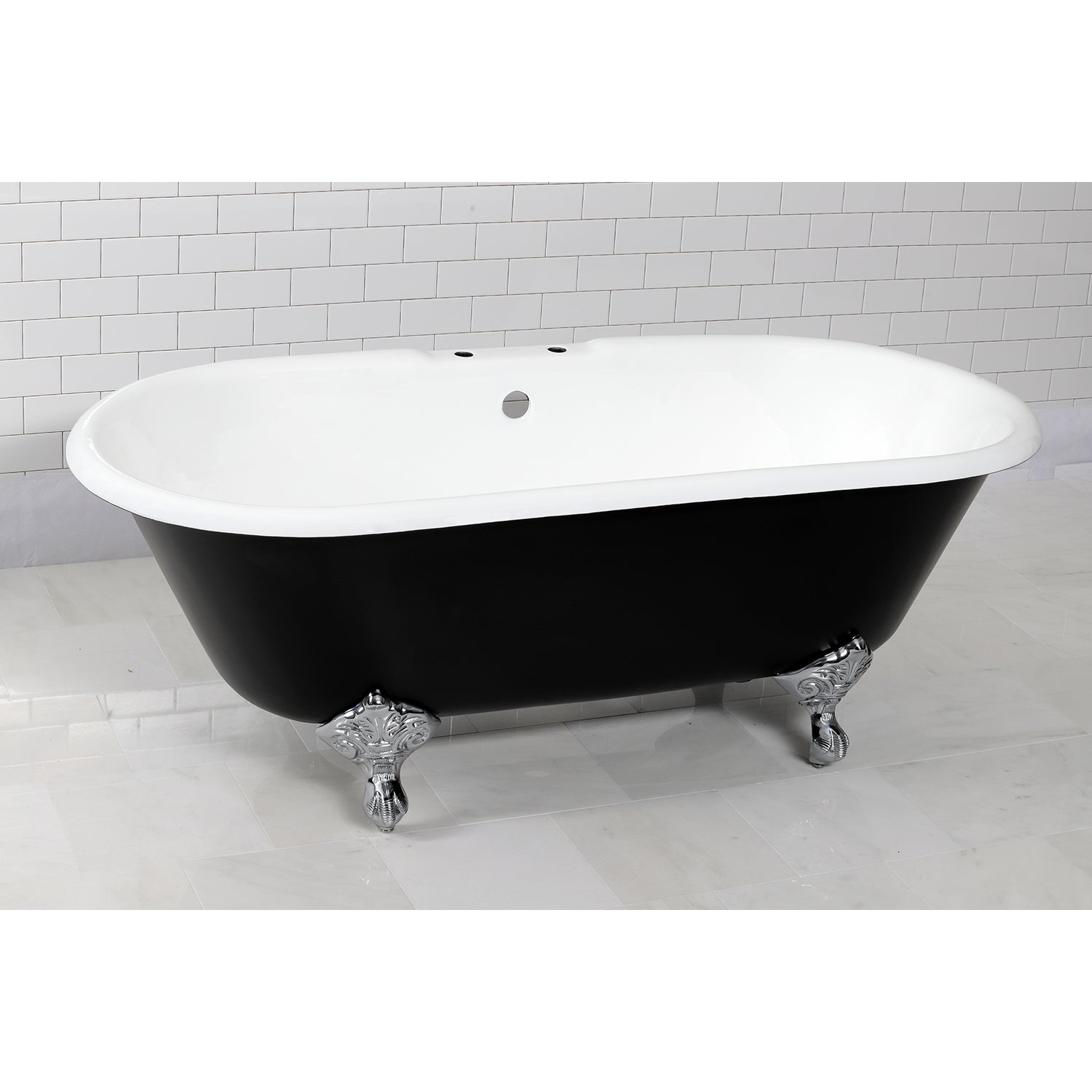 Aqua Eden VBT7D663013NB1 66" Cast Iron Oval Double Ended Clawfoot Tub (7" Faucet Drillings), Black/White/Polished Chrome
