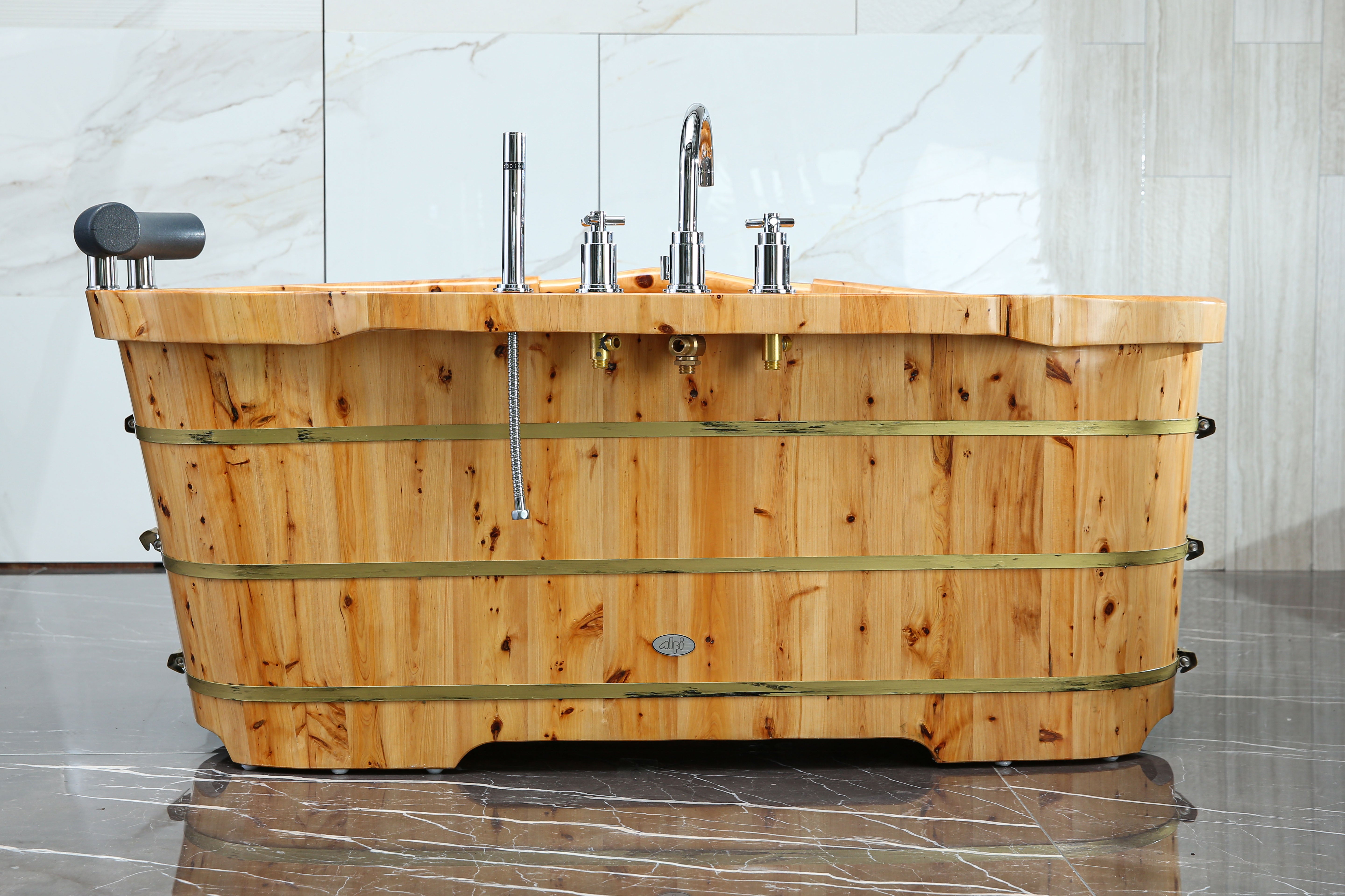 ALFI AB1136 61" Free Standing Cedar Wooden Bathtub with Chrome Tub Filler