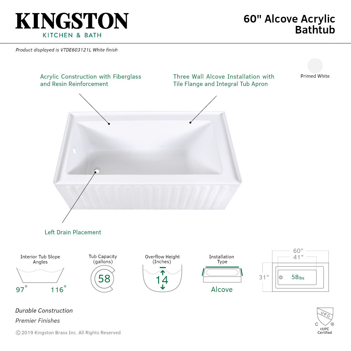 Aqua Eden VTDE603121L 60" Acrylic Rectangular 3-Wall Alcove Tub, Left Drain Hole, Glossy White