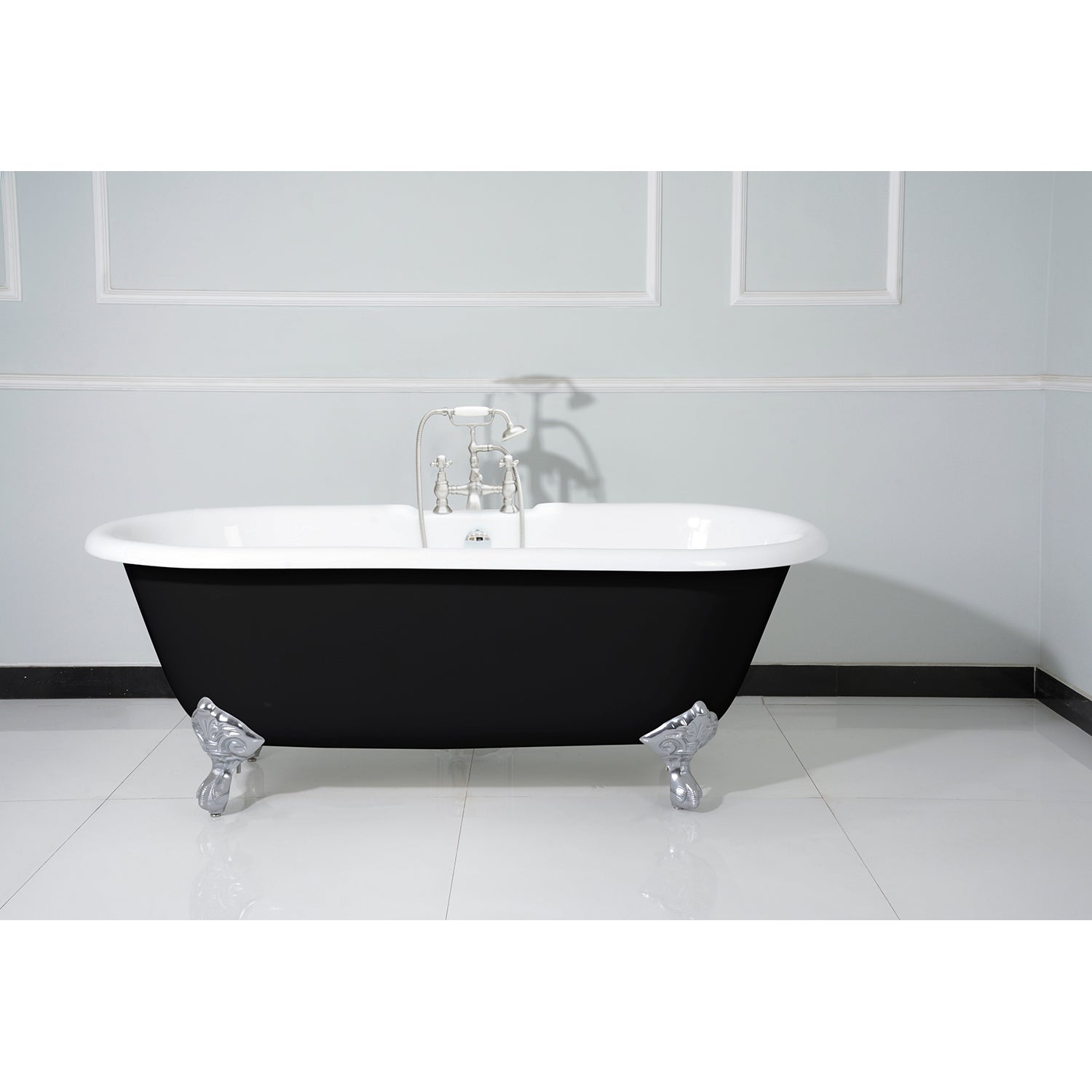 Aqua Eden VBT7D663013NB1 66" Cast Iron Oval Double Ended Clawfoot Tub (7" Faucet Drillings), Black/White/Polished Chrome