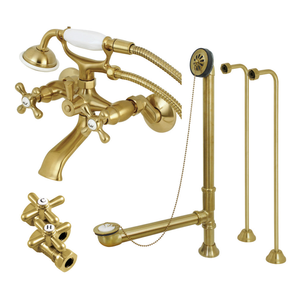 Kingston Brass CCK265SB Vintage Wall Mount Clawfoot Tub Faucet Package with Supply Line, Hand Shower and Tub Drain, Brushed Brass