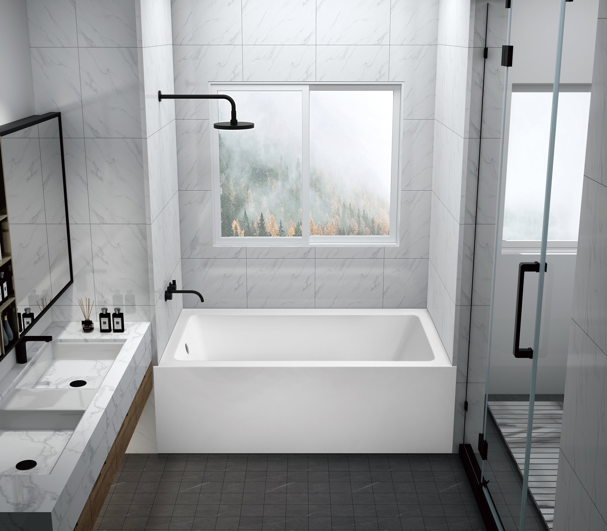 Aqua Eden VTAP6032L22C 60" Acrylic Rectangular 3-Wall Alcove Tub with Anti-Skid Surface, Left Hand Drain, Glossy White