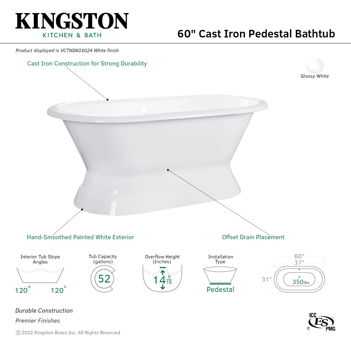 Aqua Eden VCTND603024 60" Cast Iron Oval Double Ended Pedestal Tub (No Faucet Drillings), White