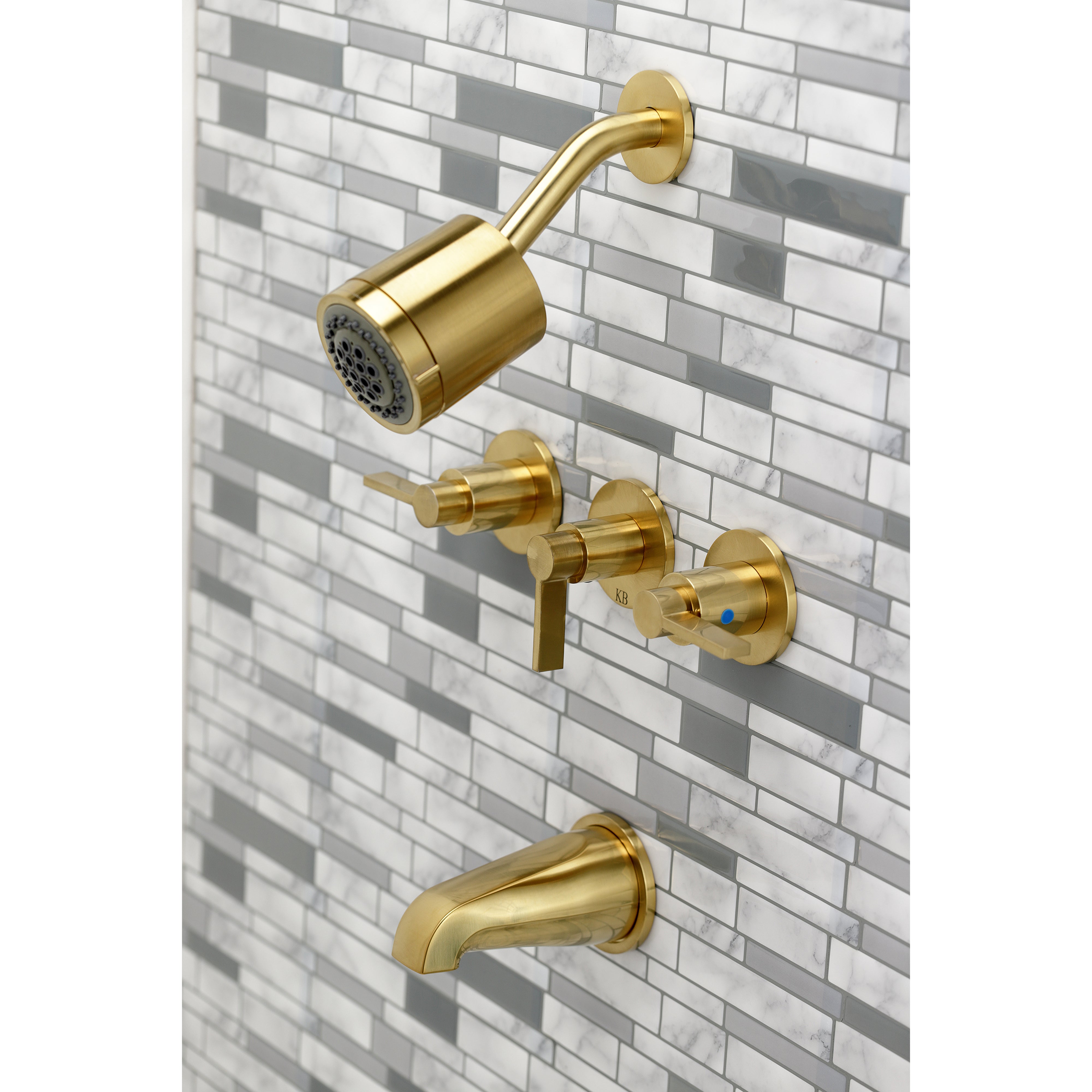 Kingston Brass KBX8137NDL NuvoFusion Triple-Handle Tub and Shower Faucet, Brushed Brass