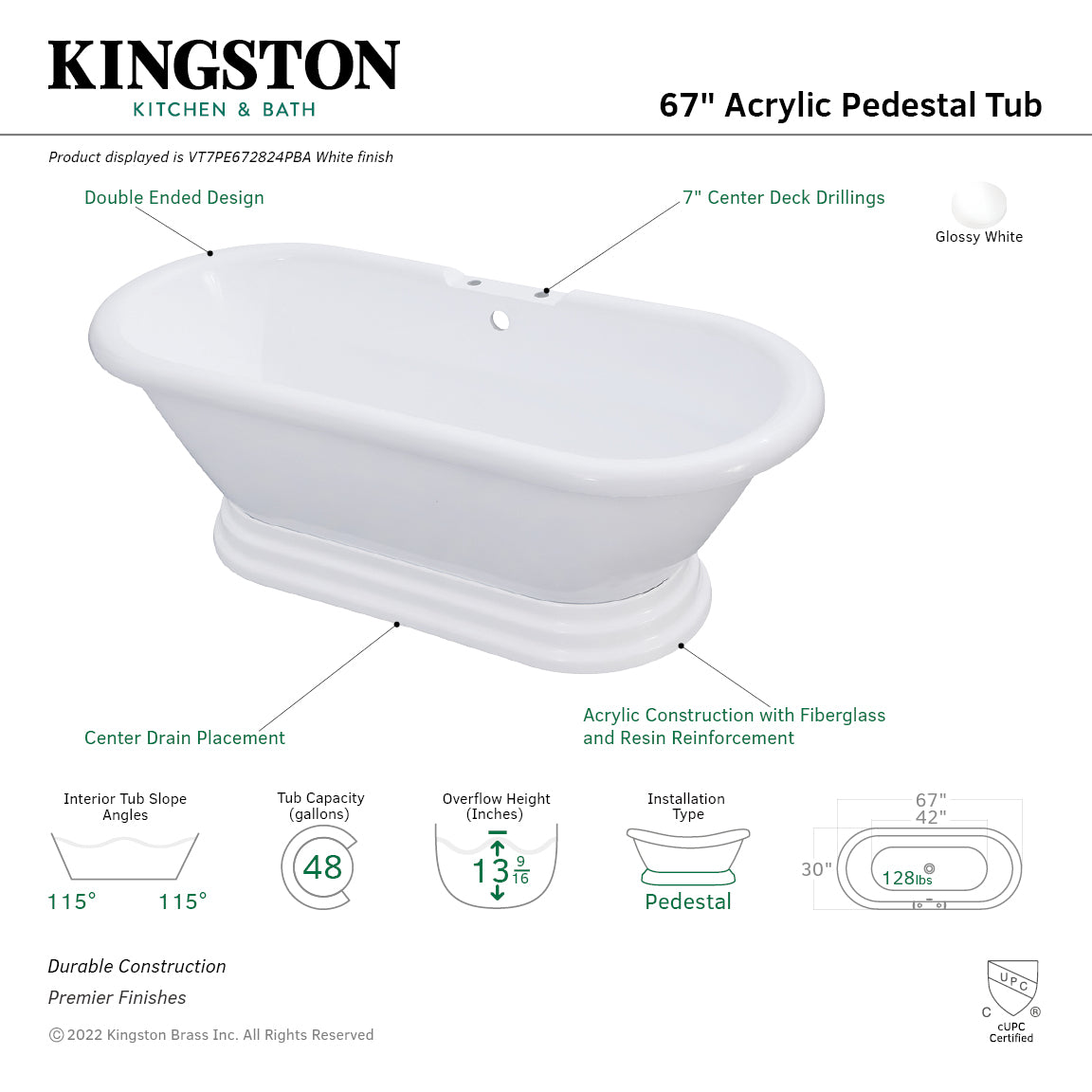 Aqua Eden VT7PE672824PBA 67" Acrylic Oval Double Ended Pedestal Tub (7" Faucet Drillings), Glossy White