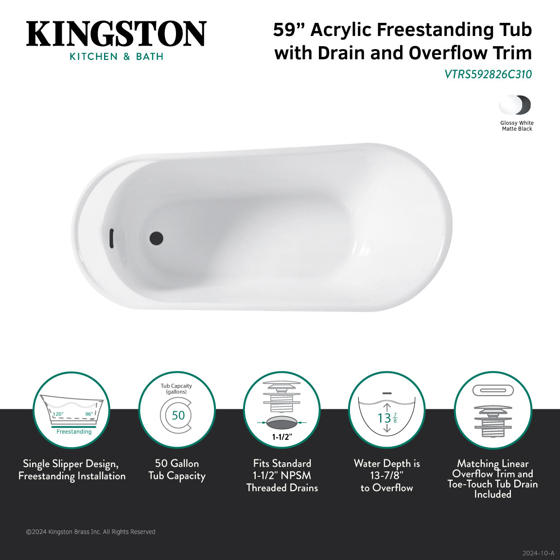 Kingston Brass VTRS592826C310 59" Acrylic Oval Single Slipper Freestanding Tub with Drain, Glossy White/Matte Black