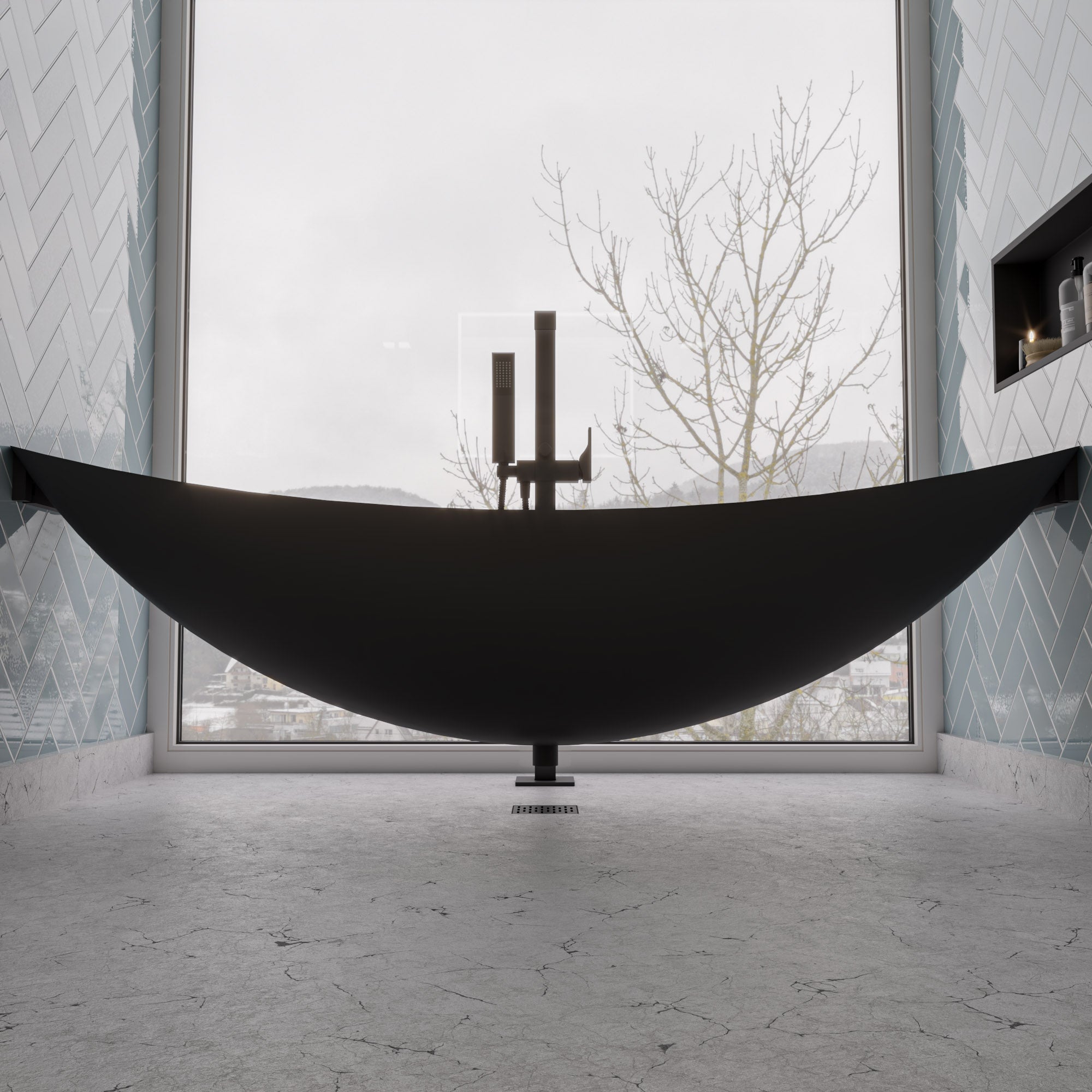 ALFI HammockTub1-BM Black Matte 79" Acrylic Suspended Wall Mounted Hammock Bathtub
