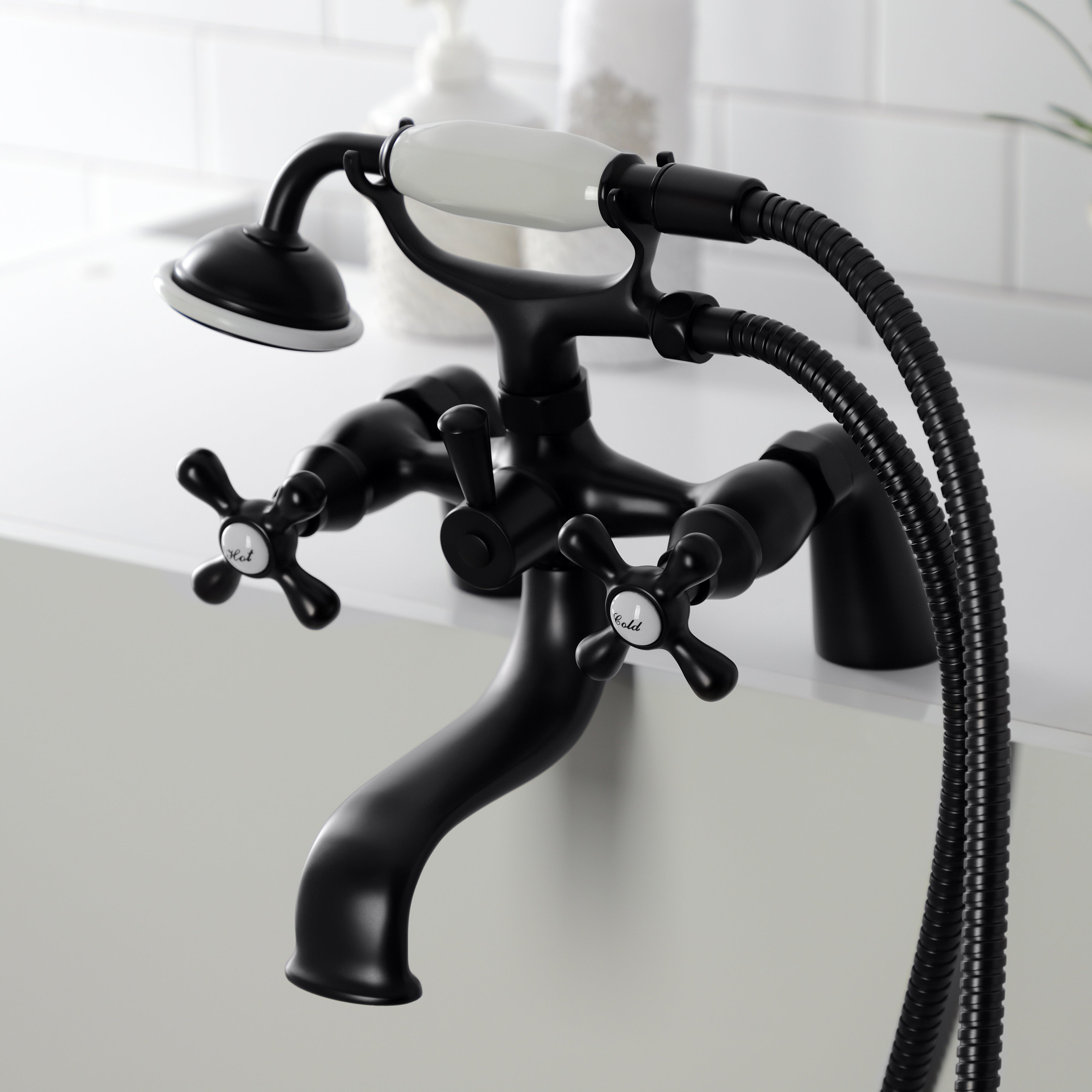 Kingston Brass KS227MB Kingston 6" Center Deck-Mount Clawfoot Tub Faucet with Hand Shower, Matte Black