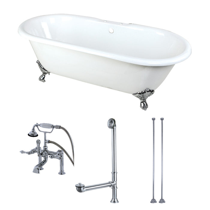 Aqua Eden KCT7D663013C1 66" Cast Iron Oval Double Ended Clawfoot Tub with Faucet Drain and Supply Lines Combo, White/Polished Chrome