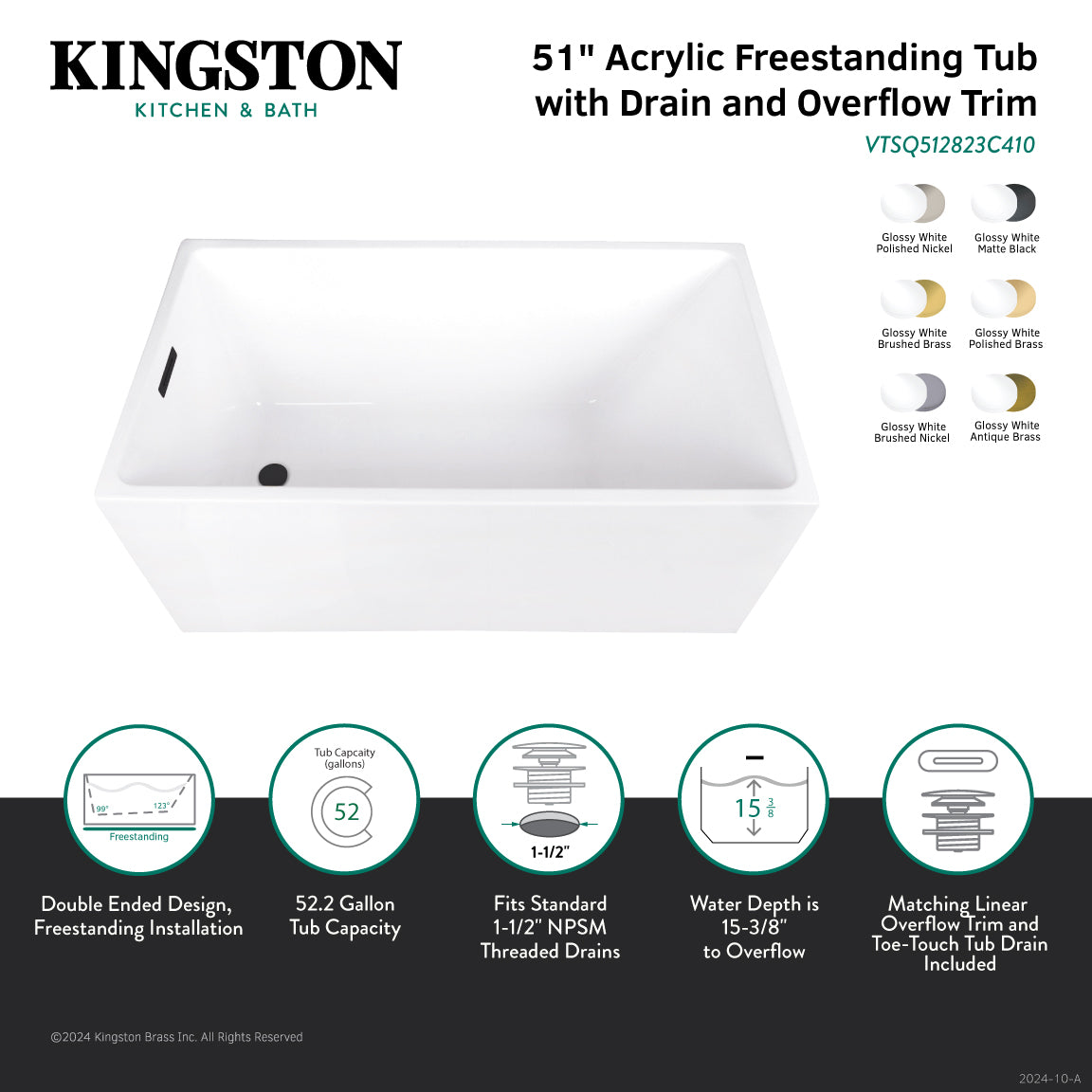 Kingston Brass VTSQ512823C413 51" Acrylic Rectangular Double Ended Freestanding Tub with Drain, Glossy White/Antique Brass