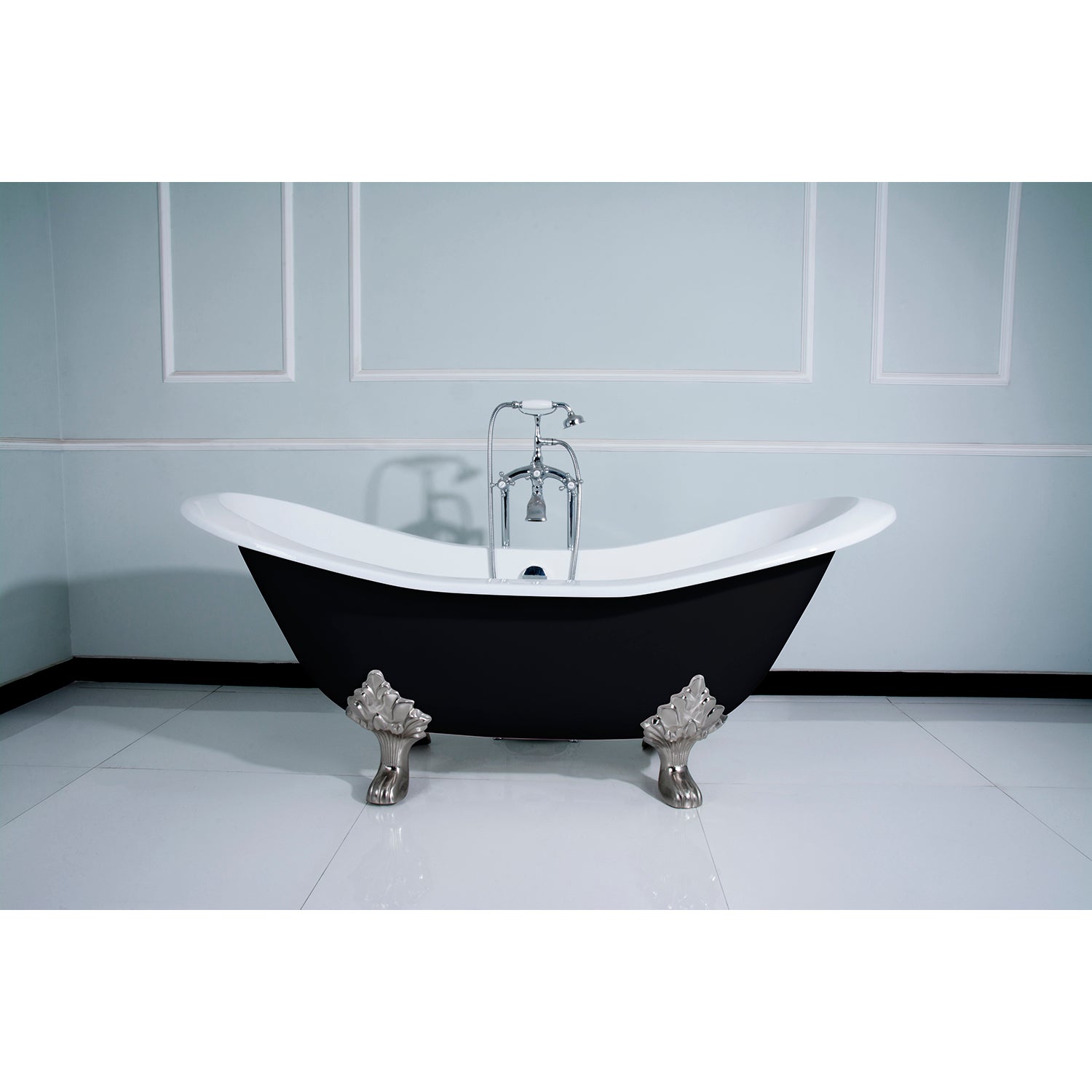 Aqua Eden VBTND7231NC8 72" Cast Iron Oval Double Slipper Clawfoot Tub (No Faucet Drillings), Black/White/Brushed Nickel