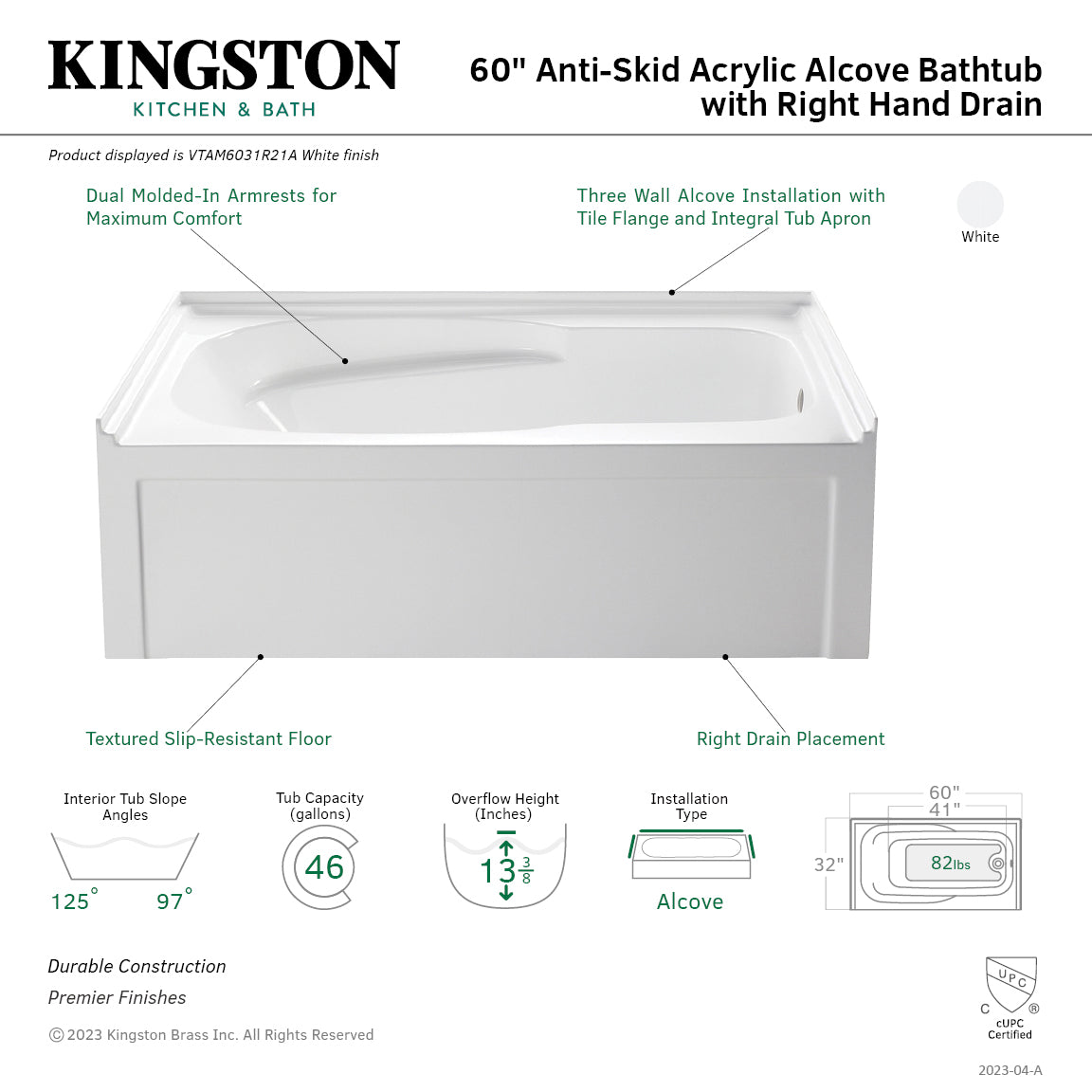 Aqua Eden VTAM6031R21A 60" Acrylic Rectangular 3-Wall Alcove Tub with Armrests and Anti-Skid Surface, Right Hand Drain, Glossy White