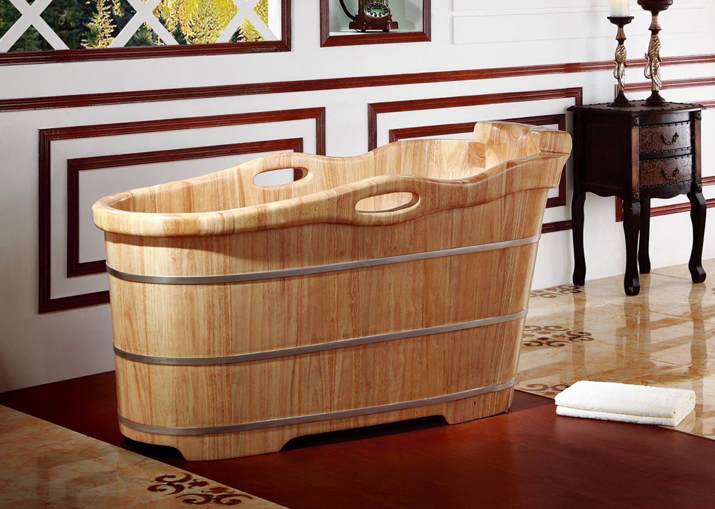 ALFI AB1187 57" Free Standing Rubber Wooden Soaking Bathtub with Headrest