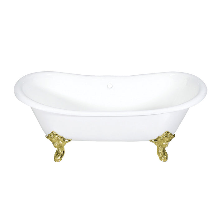 Aqua Eden VCTNDS7231NL2 72" Cast Iron Oval Double Slipper Clawfoot Tub (No Faucet Drillings), White/Polished Brass