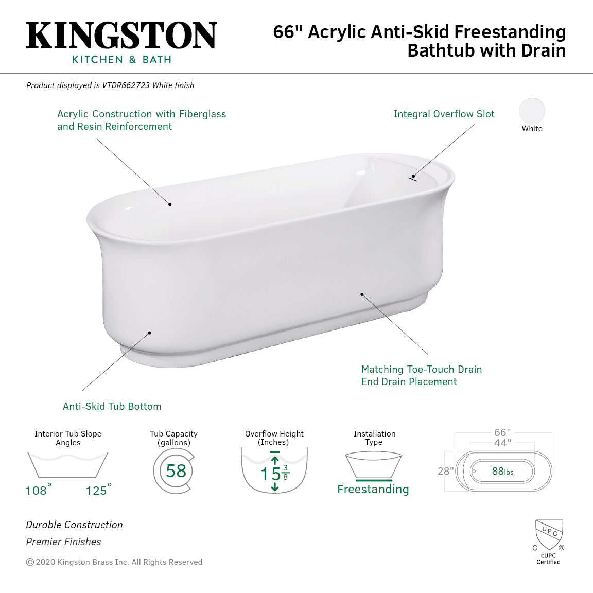 Kingston Brass VTDR662723 66" Acrylic Oval Double Ended Freestanding Tub with Drain and Anti-Skid Surface, Glossy White