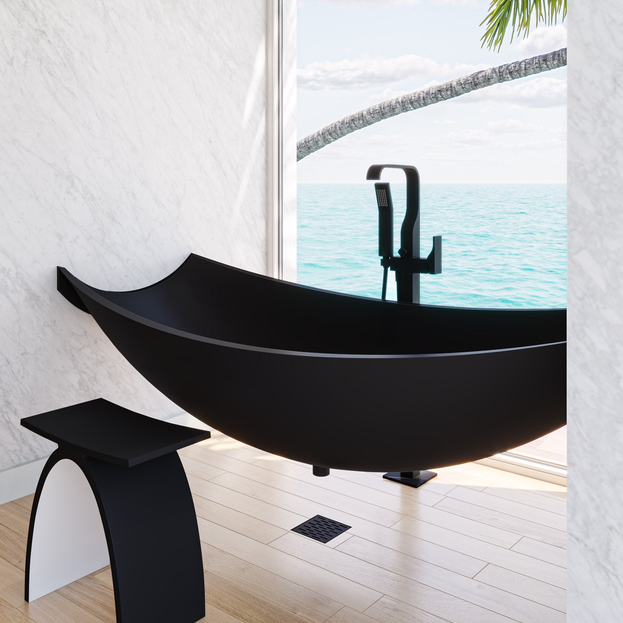 ALFI HammockTub2-BM Black Matte 71" Solid Surface Resin Suspended Wall Mounted Hammock Bathtub
