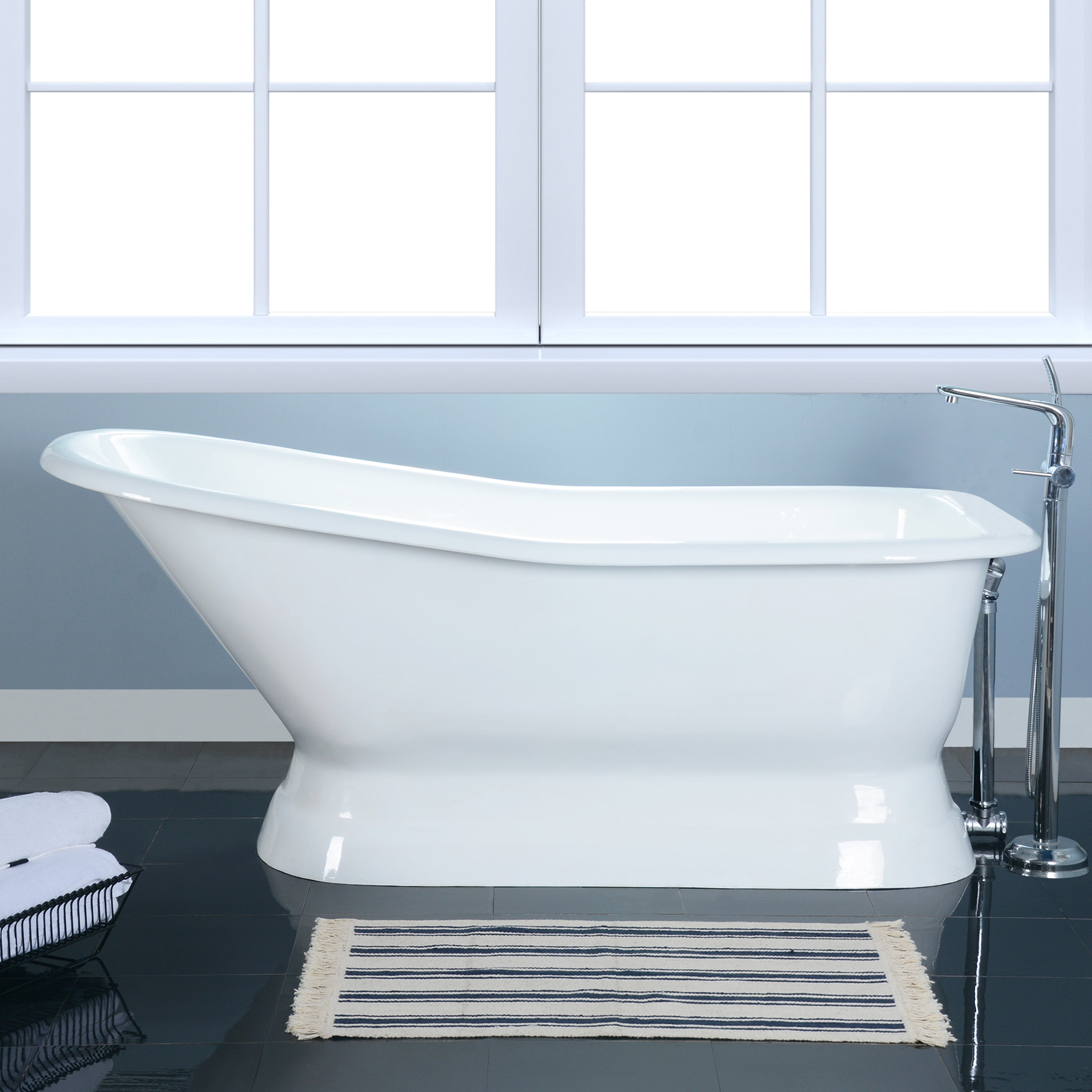 Aqua Eden VCTND663028 66" Cast Iron D-Shaped Single Slipper Pedestal Tub (No Faucet Drillings), White