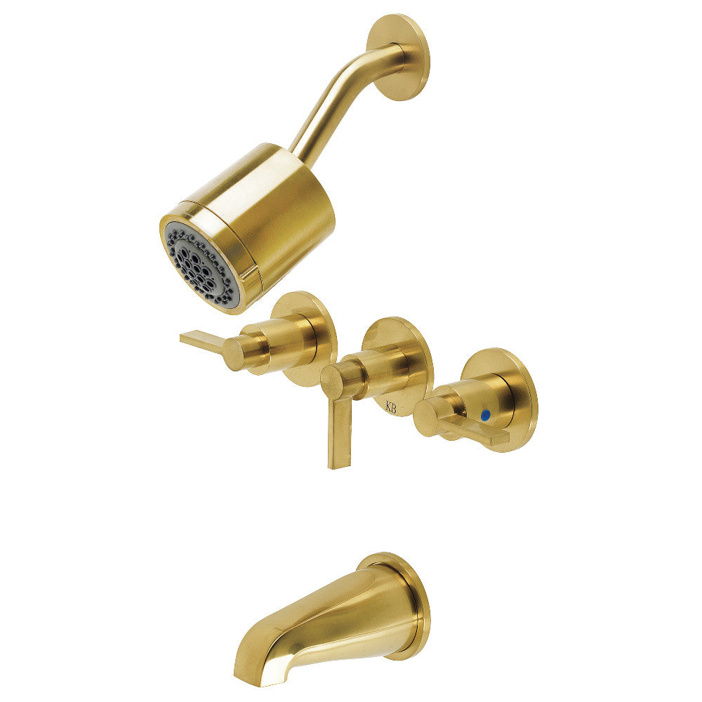 Kingston Brass KBX8137NDL NuvoFusion Triple-Handle Tub and Shower Faucet, Brushed Brass