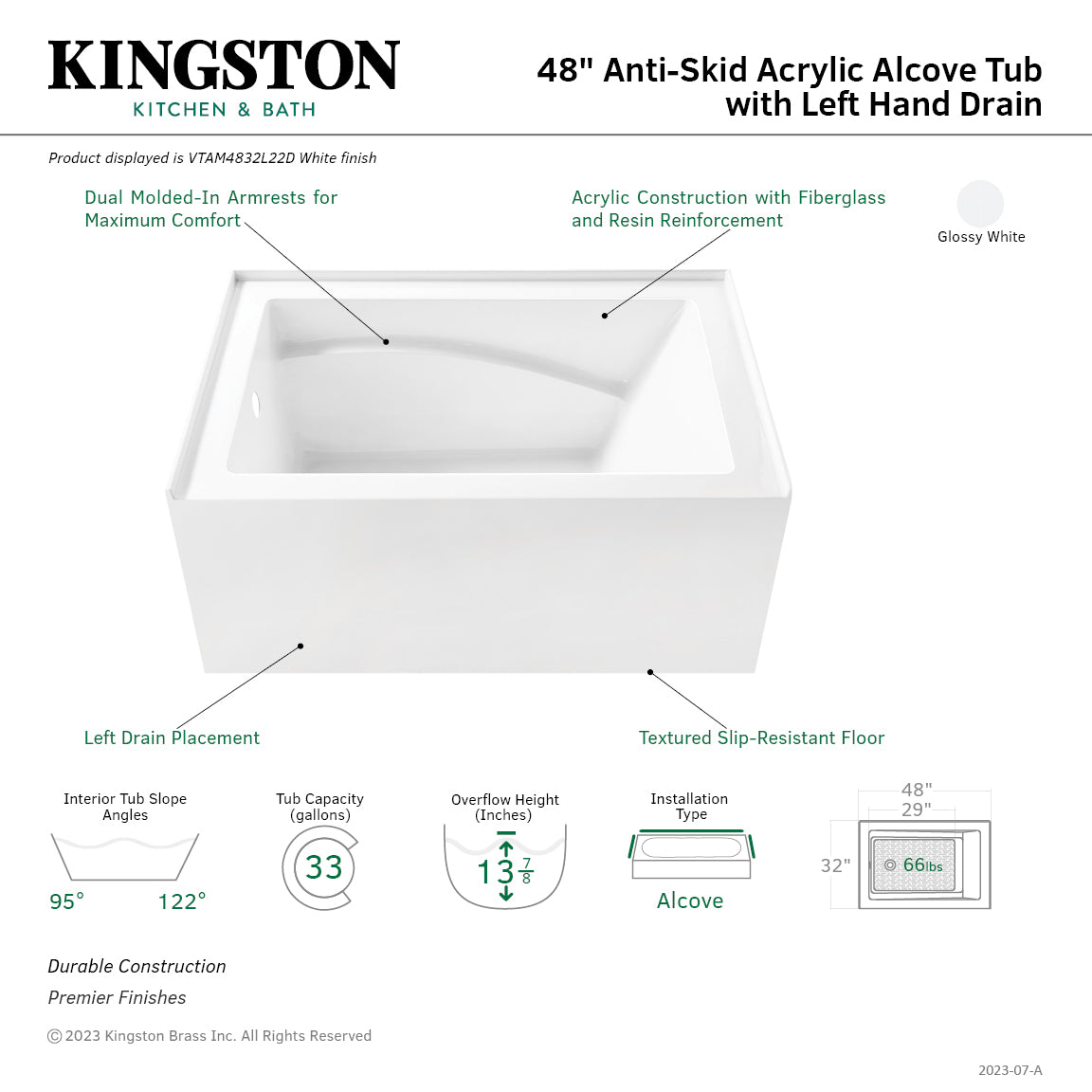 Aqua Eden VTAM4832L22D 48" Acrylic Rectangular 3-Wall Alcove Tub, Left Hand Drain and Anti-Skid Surface, Glossy White