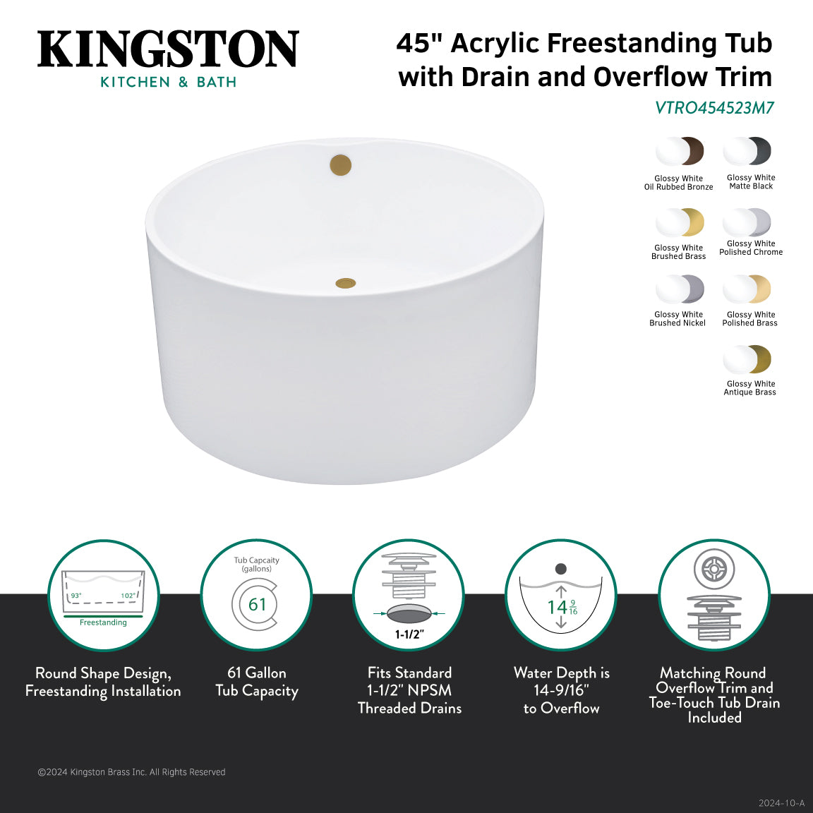 Kingston Brass VTRO454523M0 45" Acrylic Round Double Ended Freestanding Tub with Overflow/Drain Assembly, Glossy White/Matte Black