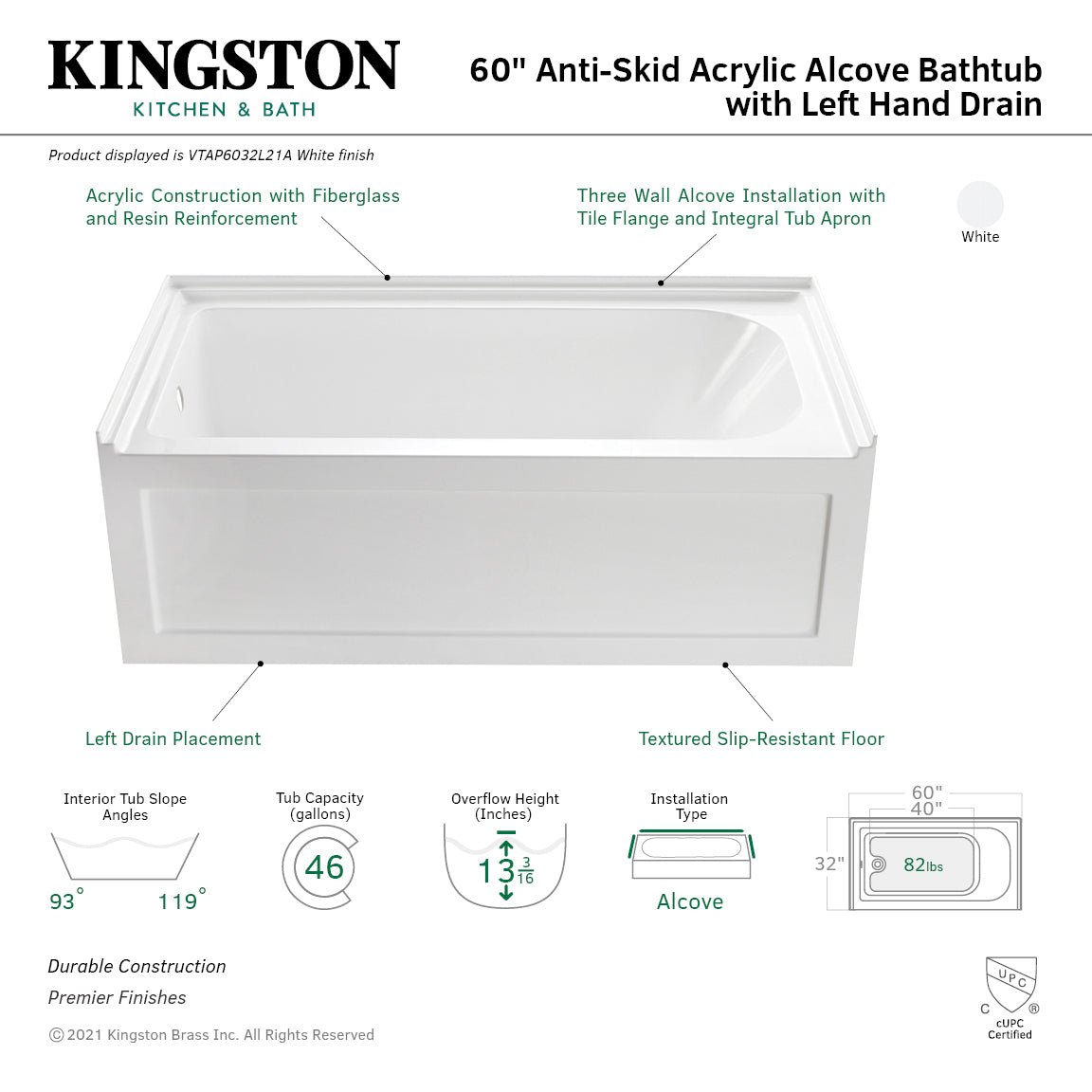 Aqua Eden VTAP6032L21A 60" Acrylic Rectangular 3-Wall Alcove Tub with Anti-Skid Surface, Left Hand Drain, Glossy White