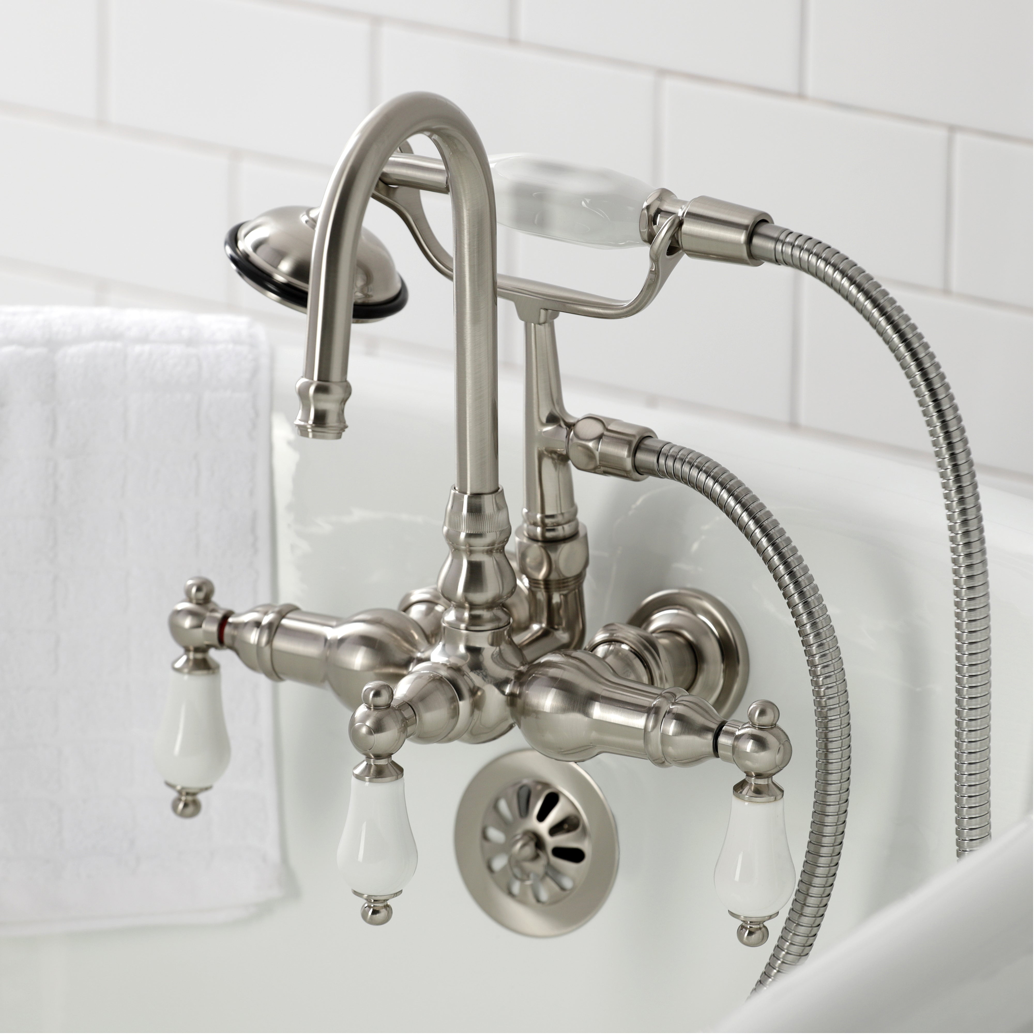 Kingston Brass CA11T8 Vintage 3-3/8" Tub Wall Mount Clawfoot Tub Faucet with Hand Shower, Brushed Nickel