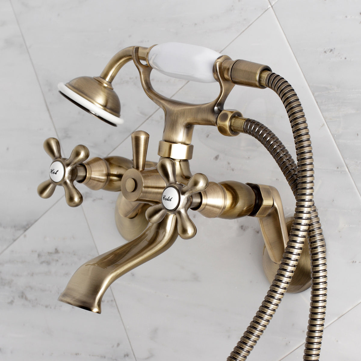 Kingston Brass KS266AB Kingston Wall Mount Clawfoot Tub Faucet with Hand Shower, Antique Brass