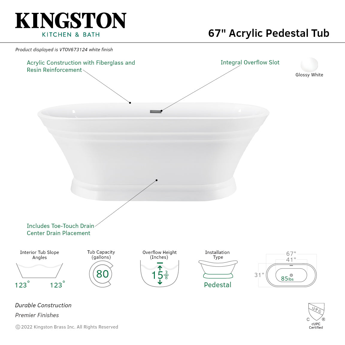 Kingston Brass VTOV673124 67" Acrylic Oval Double Ended Pedestal Tub with Drain (No Faucet Drillings), Glossy White