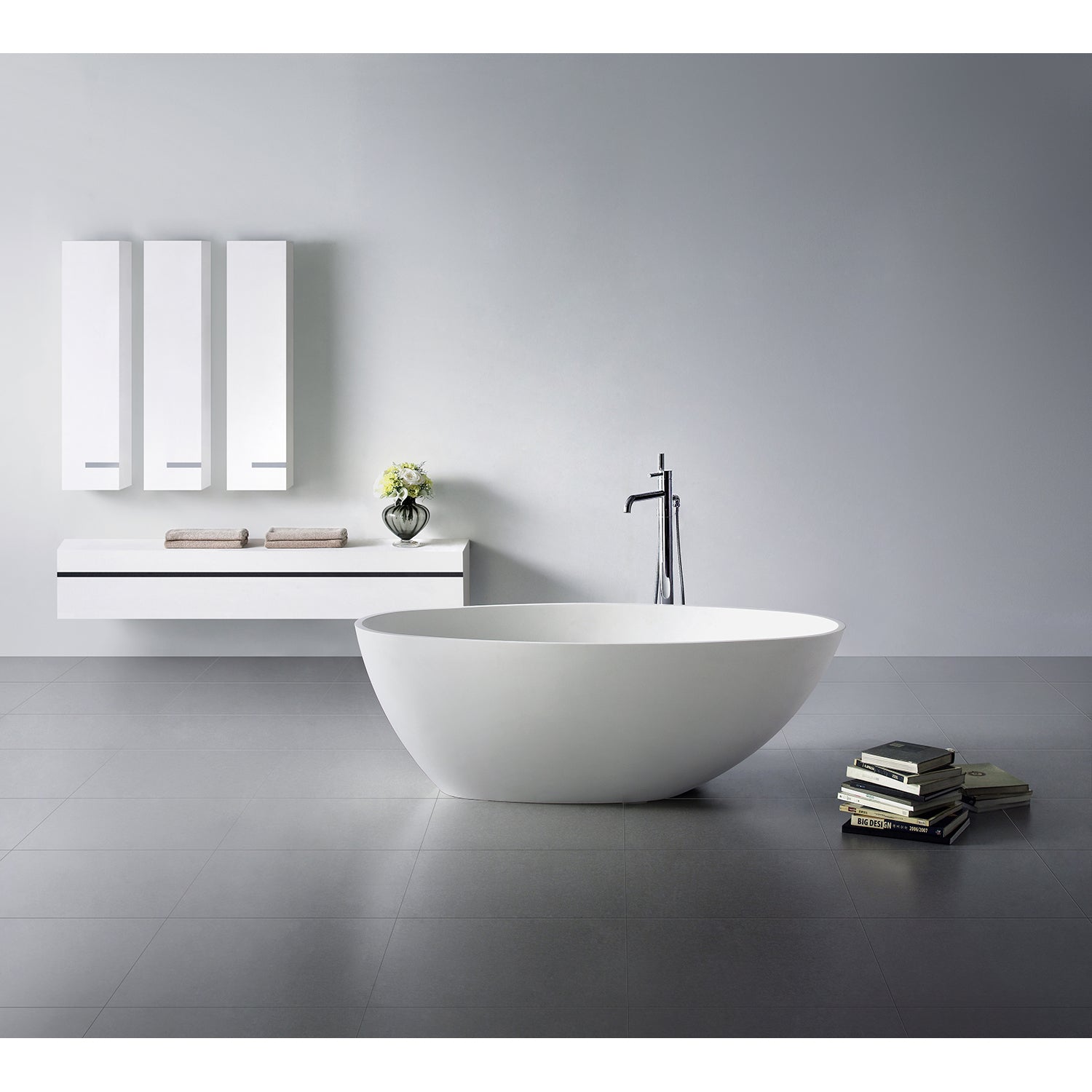 Kingston Brass VRTRS633022 63" Solid Surface Egg Shaped Double Ended Freestanding Tub with Drain, Matte White