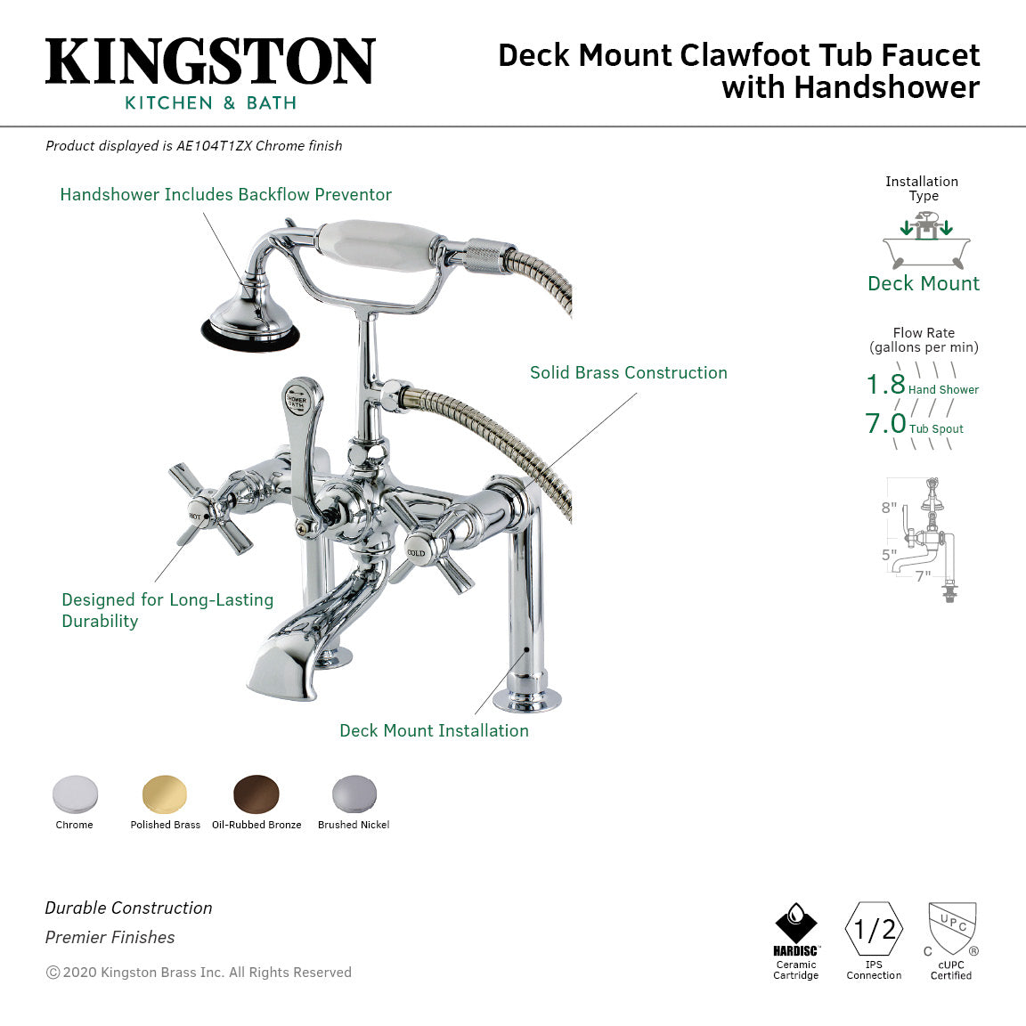 Aqua Vintage AE104T1ZX Millennium 7" Center Deck-Mount Clawfoot Tub Faucet with Hand Shower, Polished Chrome